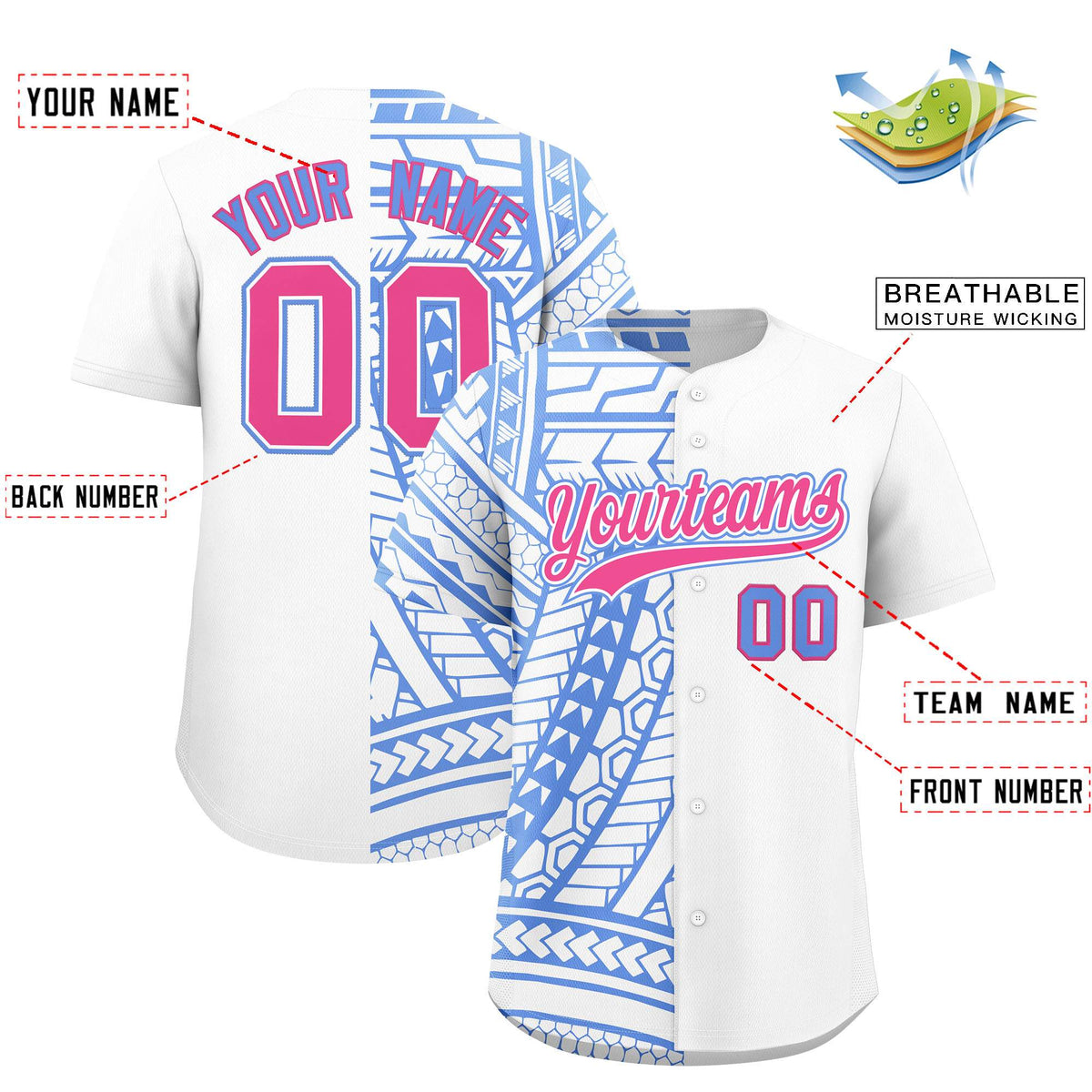 Custom White Light Blue Split Fashion Tribal Pattern Authentic Baseball Jersey