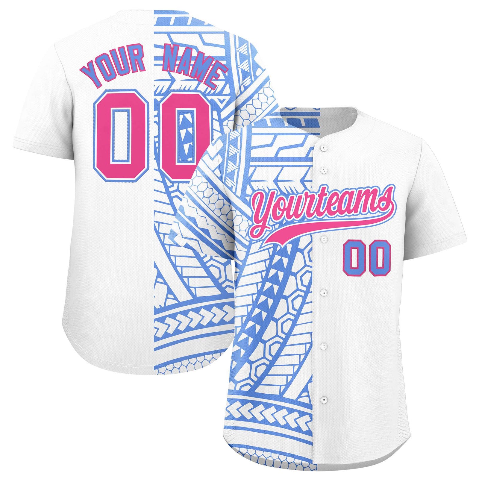Custom White Light Blue Split Fashion Tribal Pattern Authentic Baseball Jersey