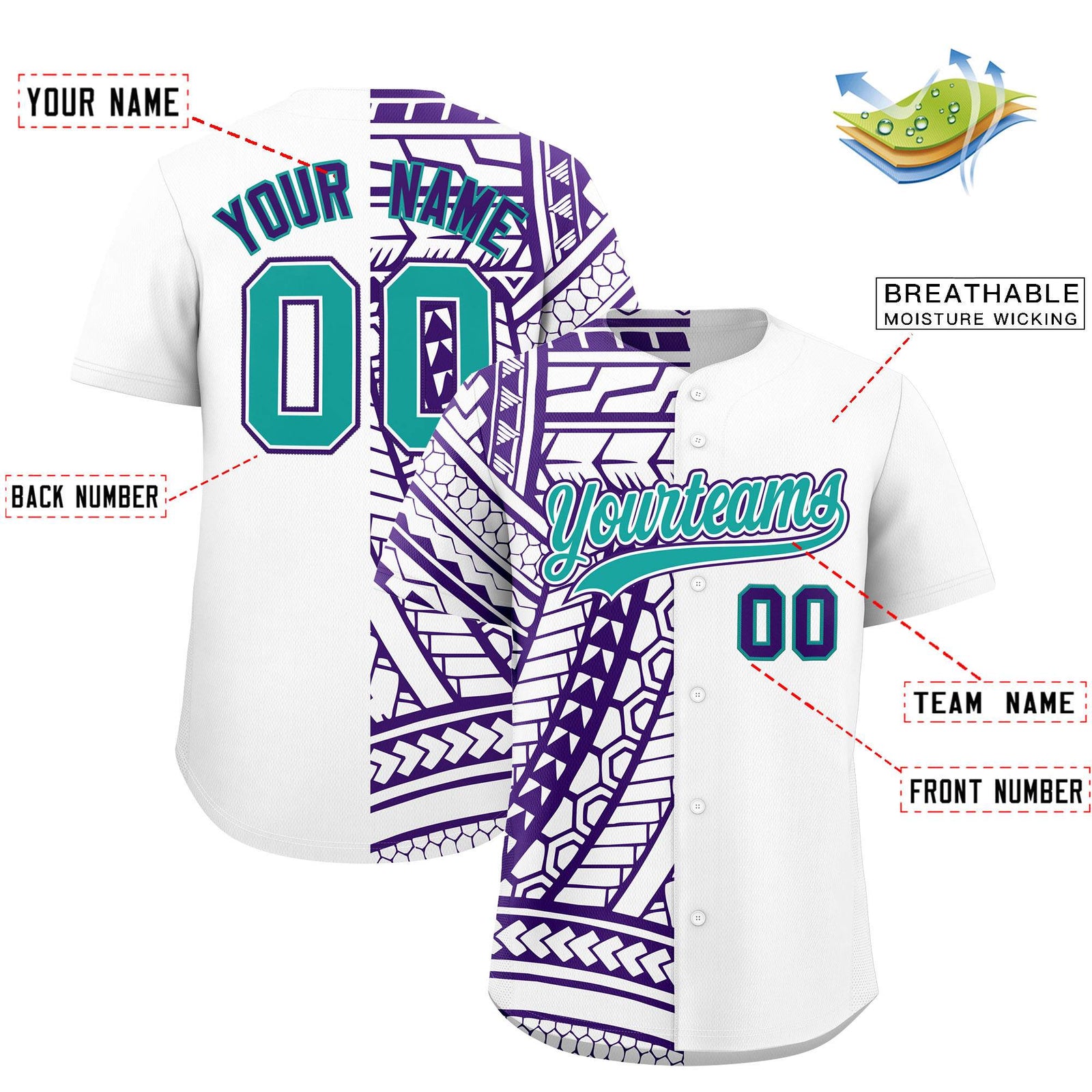 Custom White Purple Split Fashion Tribal Pattern Authentic Baseball Jersey