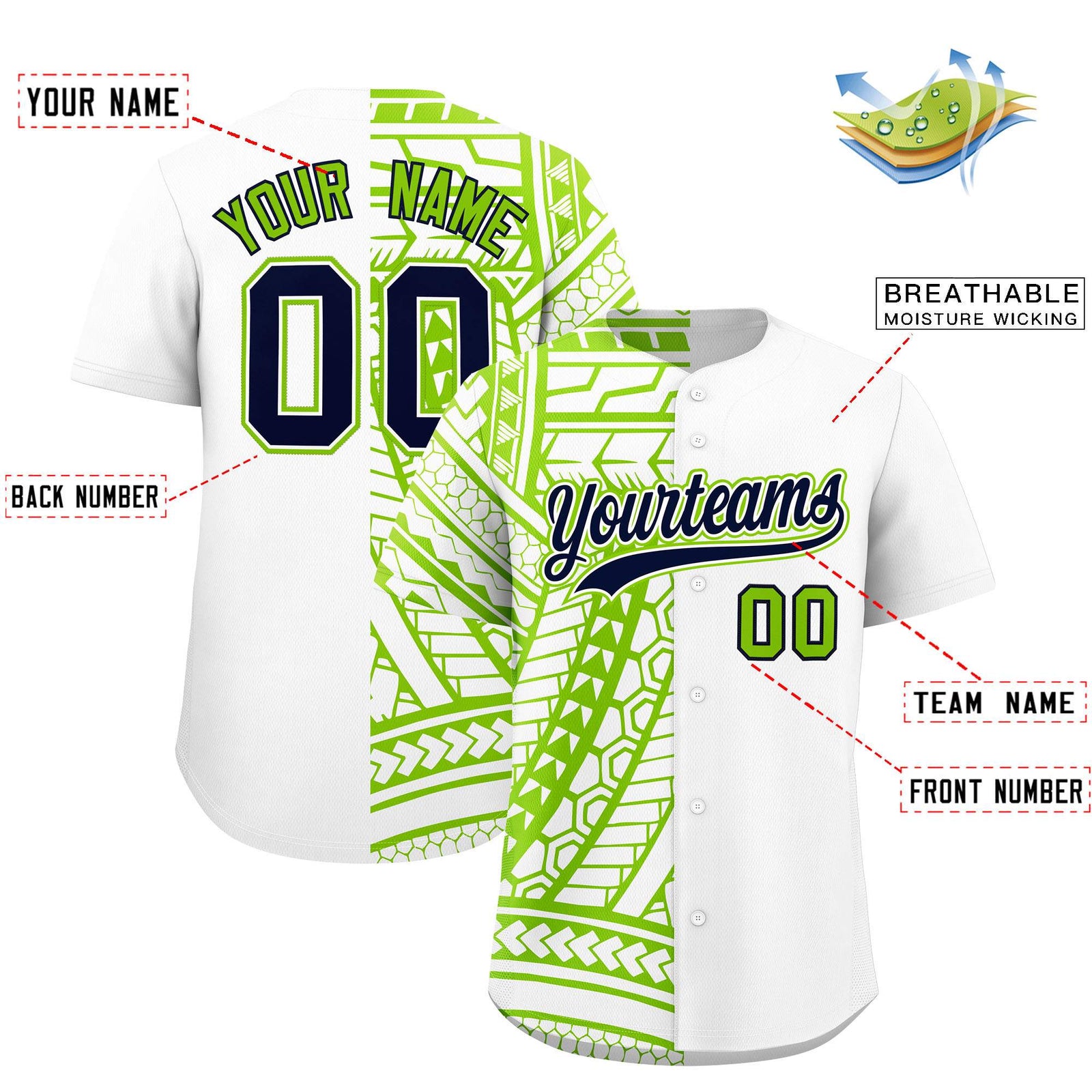 Custom White Neon Green Split Fashion Tribal Pattern Authentic Baseball Jersey