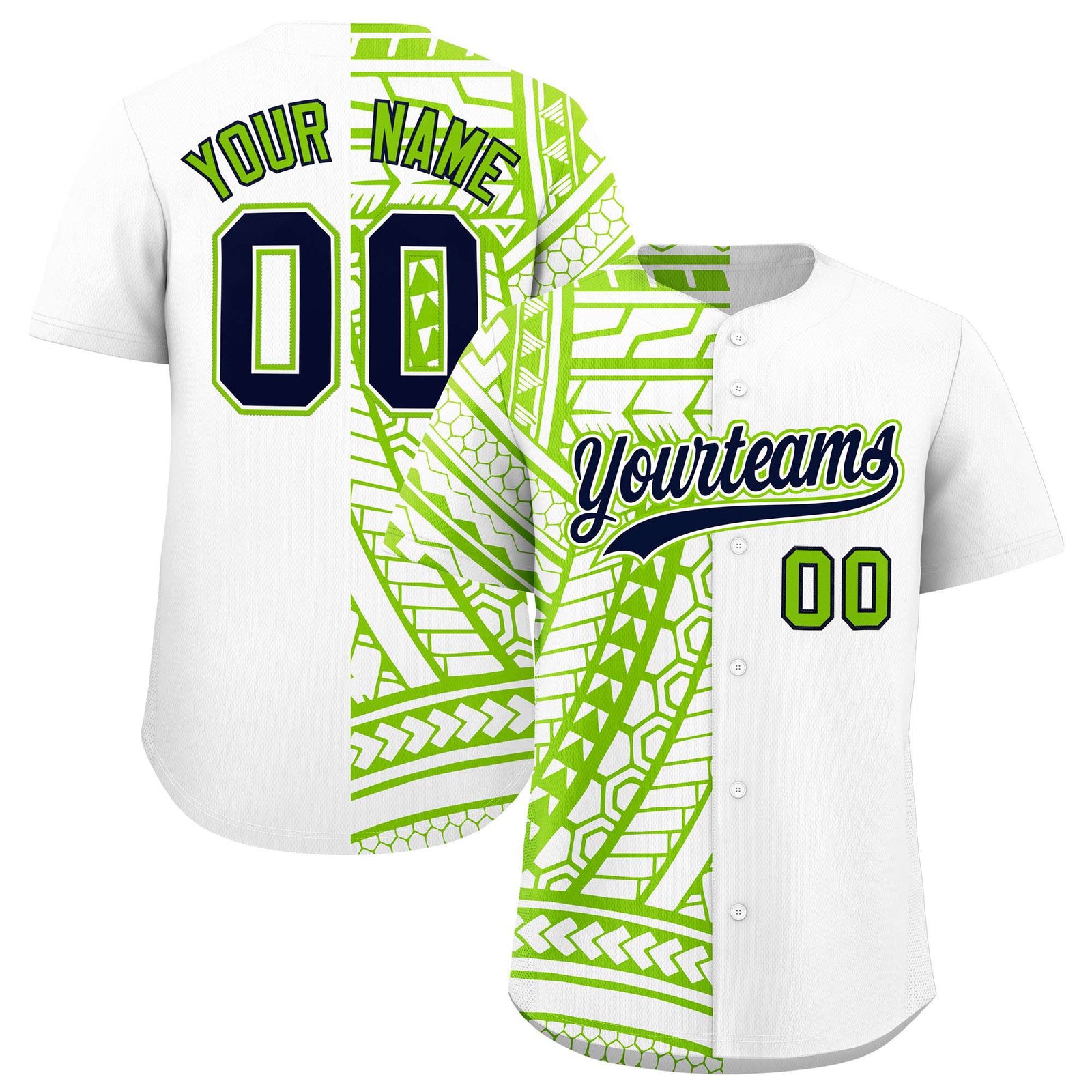 Custom White Neon Green Split Fashion Tribal Pattern Authentic Baseball Jersey