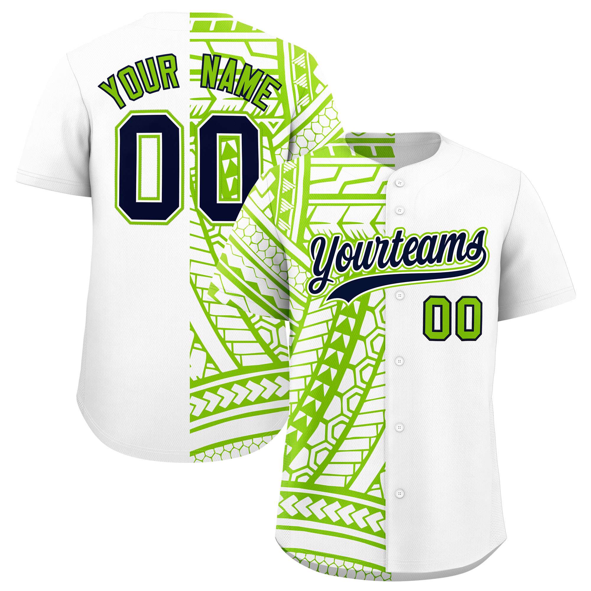 Custom White Neon Green Split Fashion Tribal Pattern Authentic Baseball Jersey