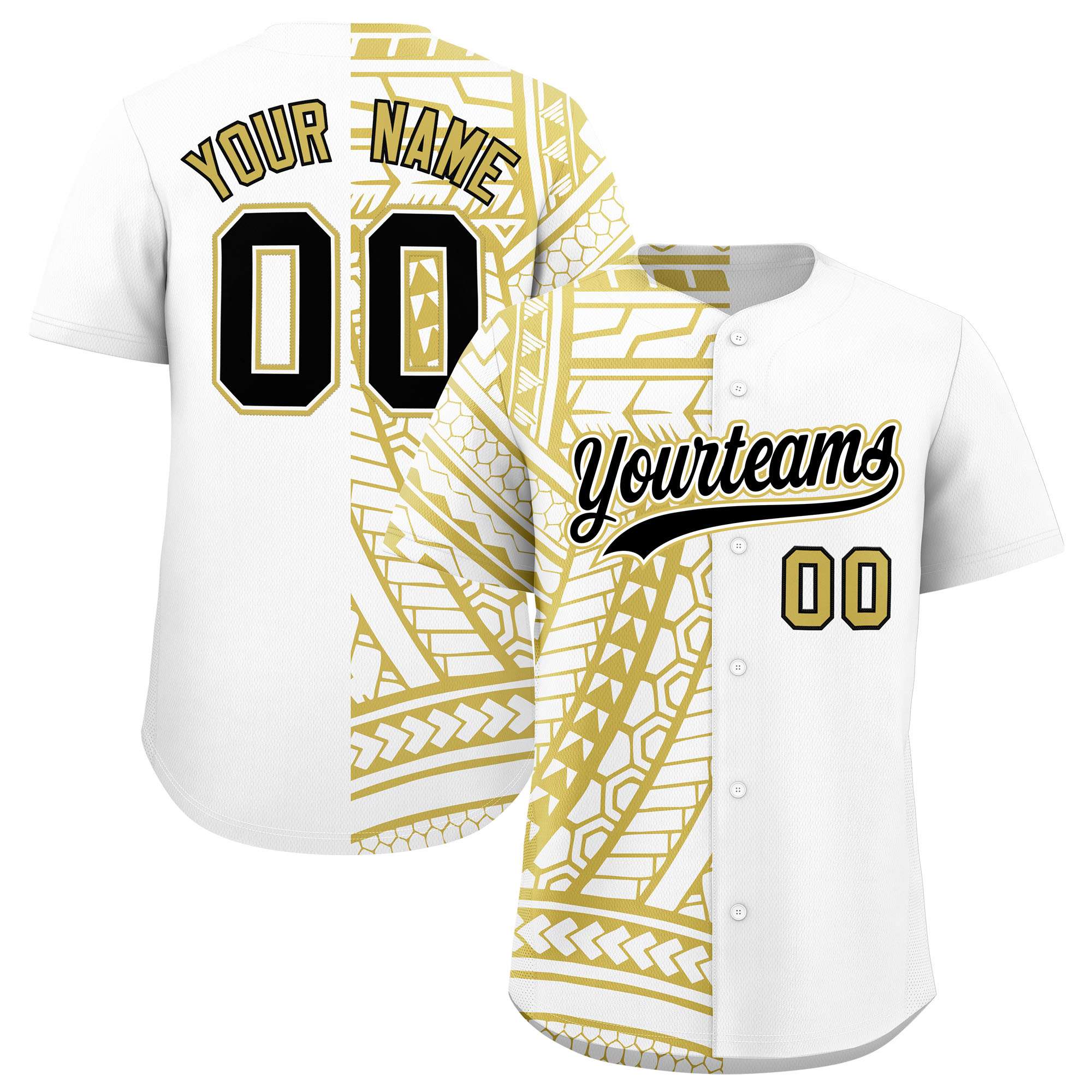 Custom White Old Gold Split Fashion Tribal Pattern Authentic Baseball Jersey