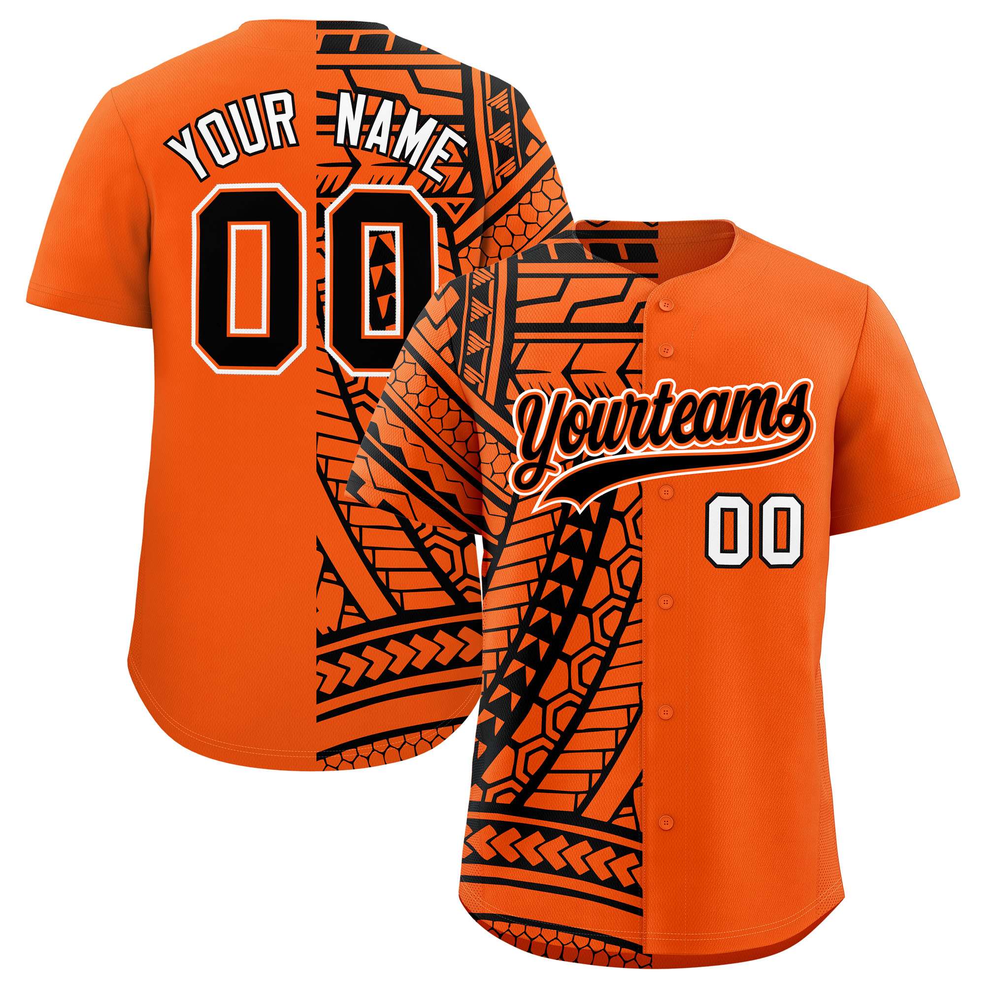 Custom Orange Black Split Fashion Tribal Pattern Authentic Baseball Jersey