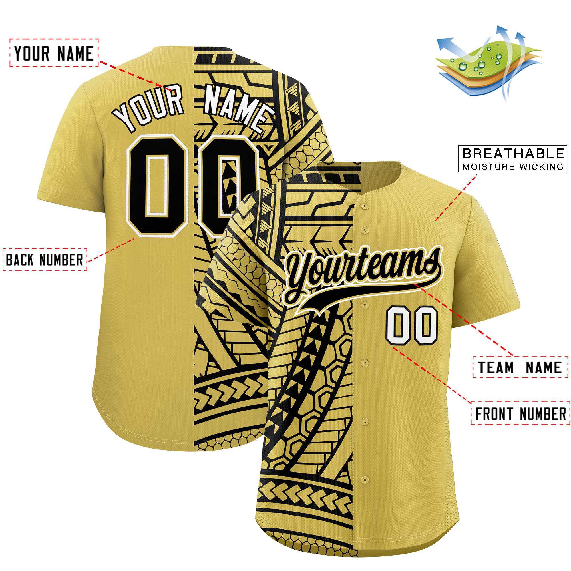 Custom Old Gold Black Split Fashion Tribal Pattern Authentic Baseball Jersey