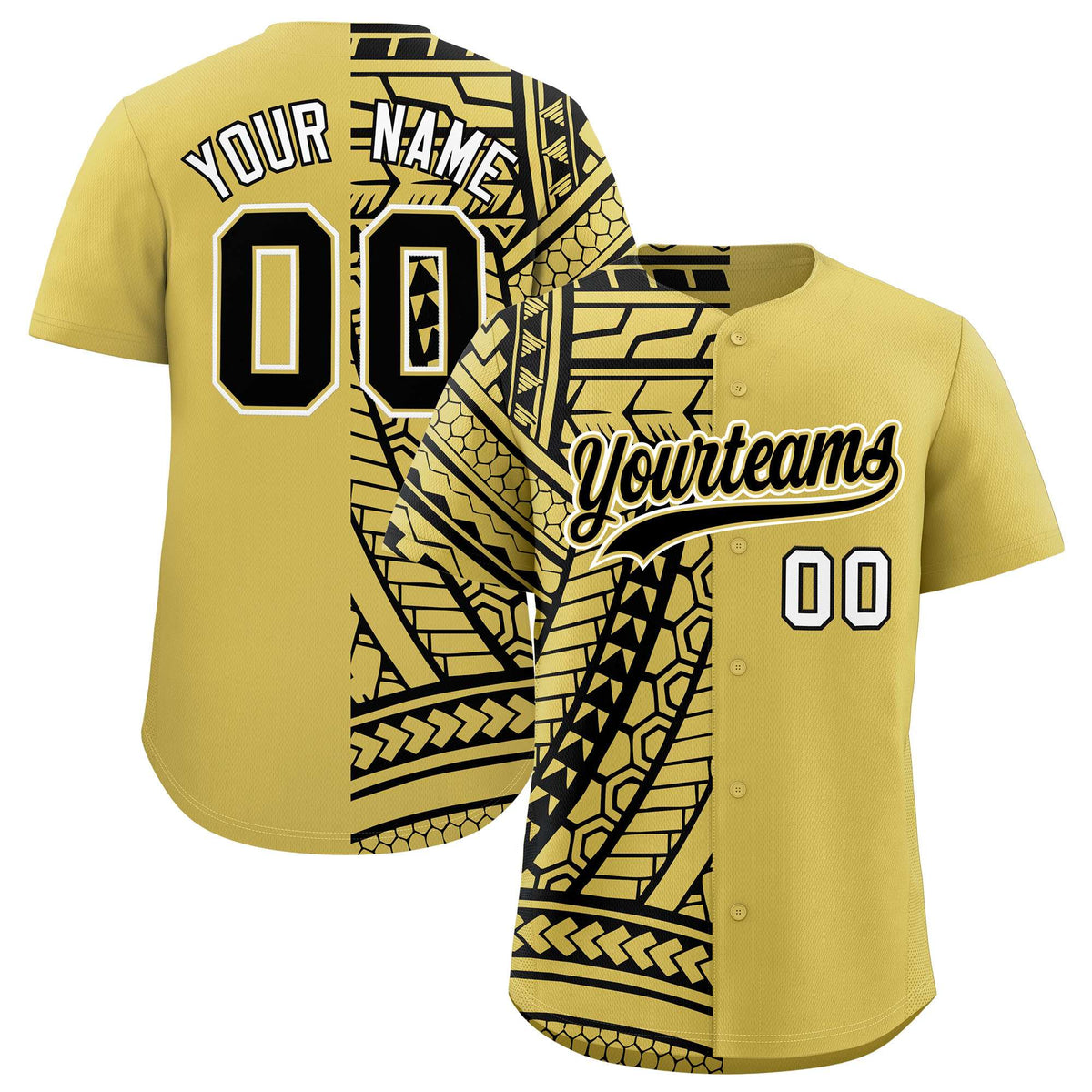 Custom Old Gold Black Split Fashion Tribal Pattern Authentic Baseball Jersey