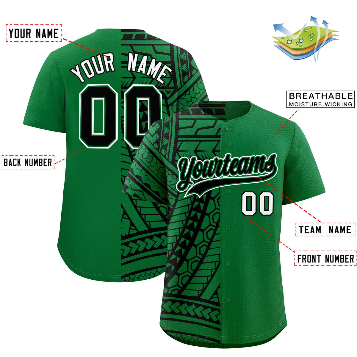 Custom Kelly Green Black Split Fashion Tribal Pattern Authentic Baseball Jersey