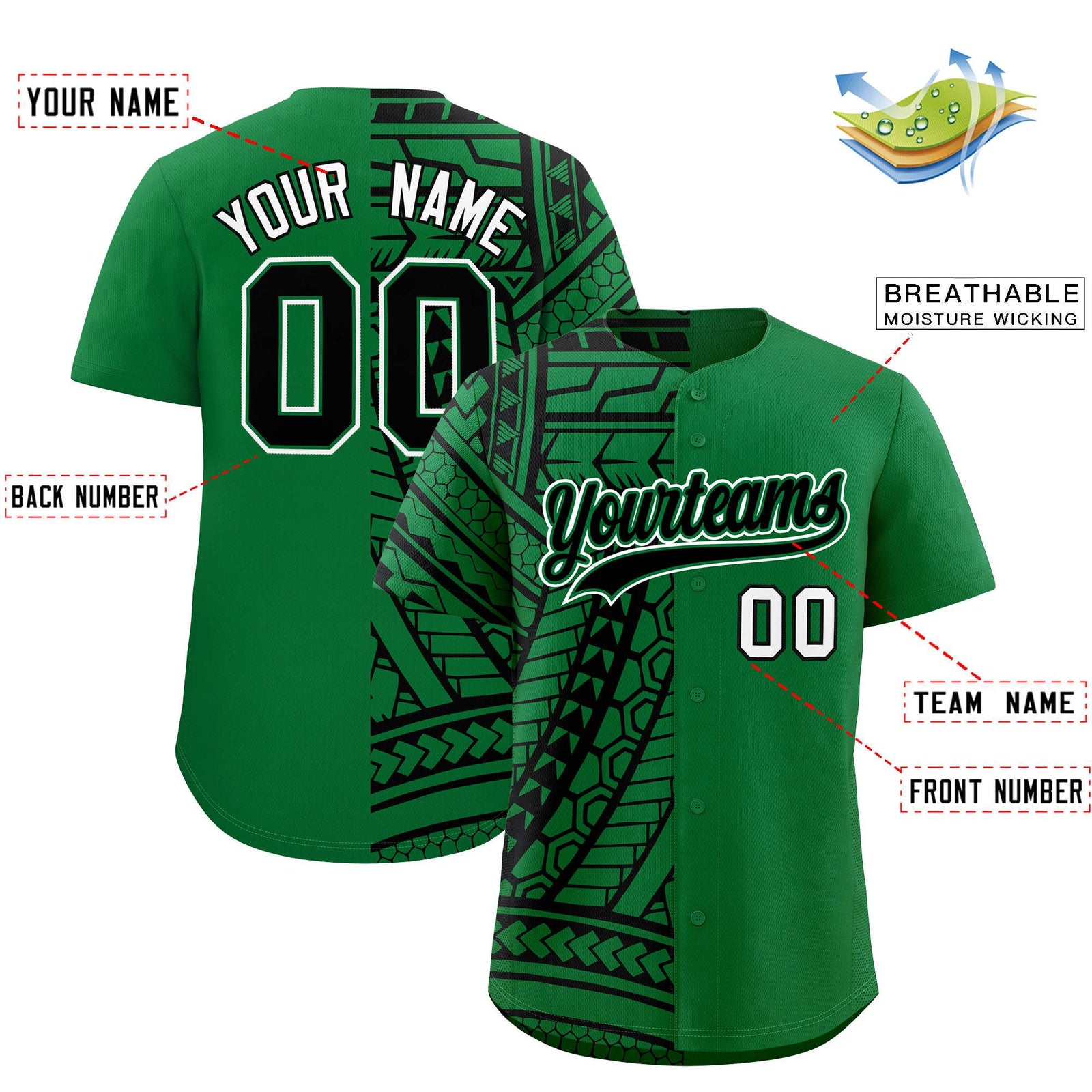 Custom Kelly Green Black Split Fashion Tribal Pattern Authentic Baseball Jersey