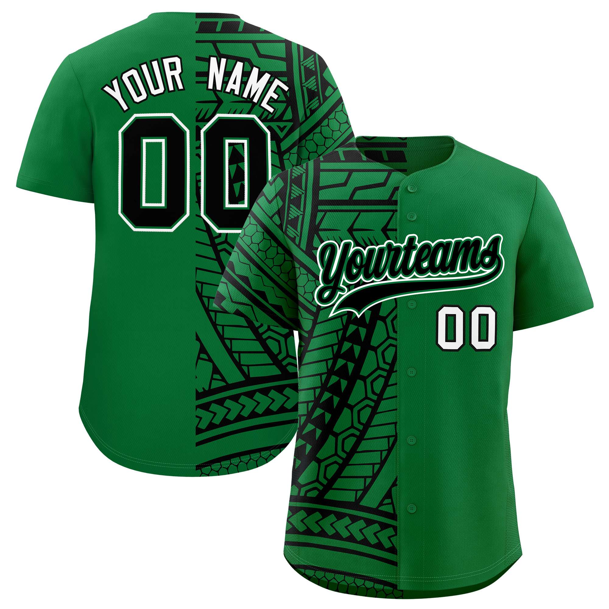 Custom Kelly Green Black Split Fashion Tribal Pattern Authentic Baseball Jersey