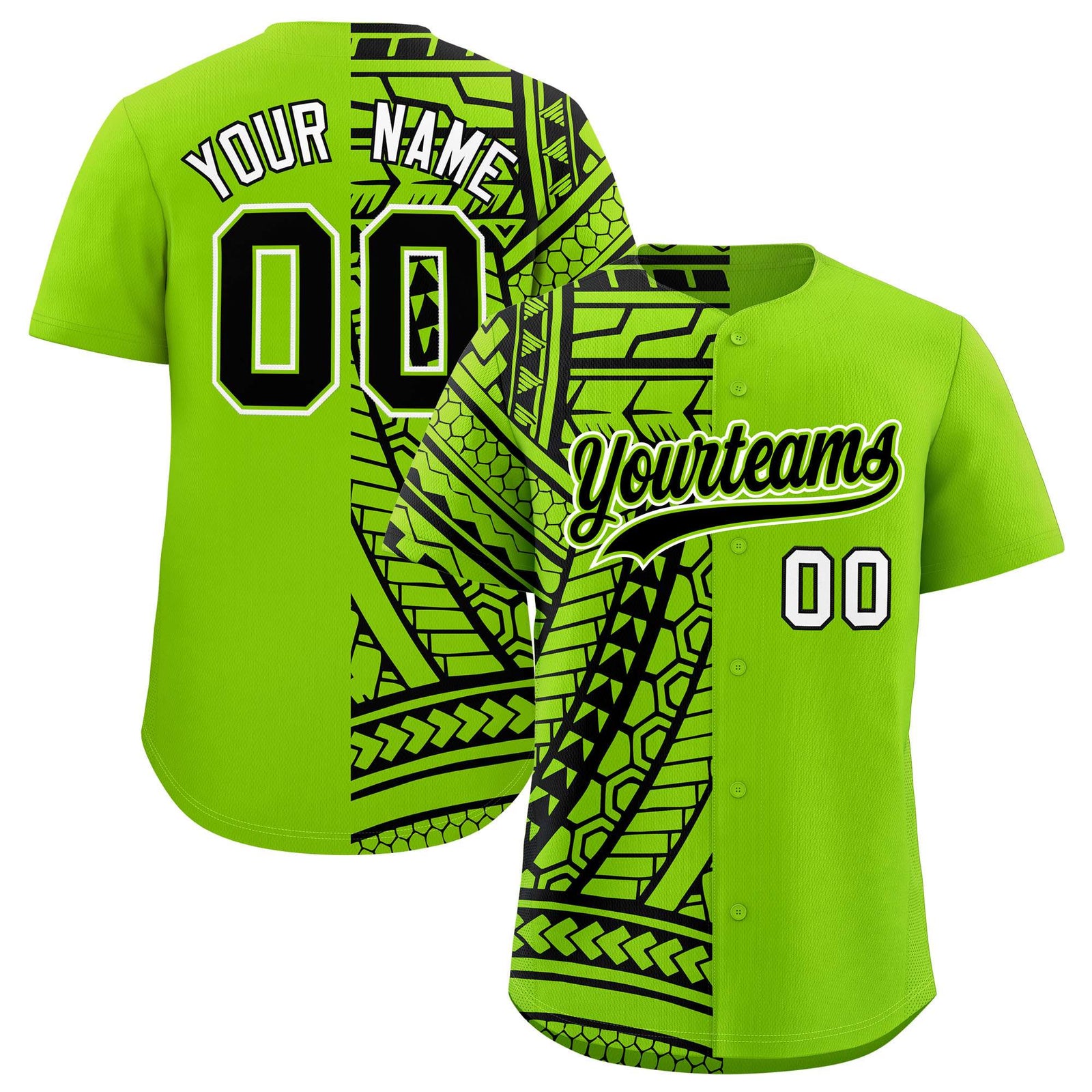 Custom Black Neon Green Split Fashion Tribal Pattern Authentic Baseball Jersey