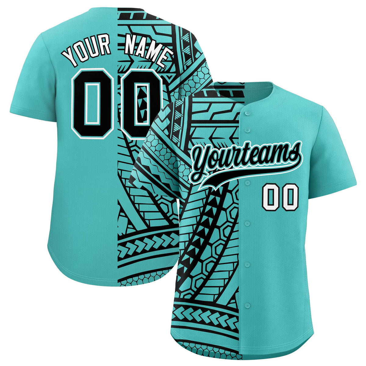 Custom Aqua Black Split Fashion Tribal Pattern Authentic Baseball Jersey