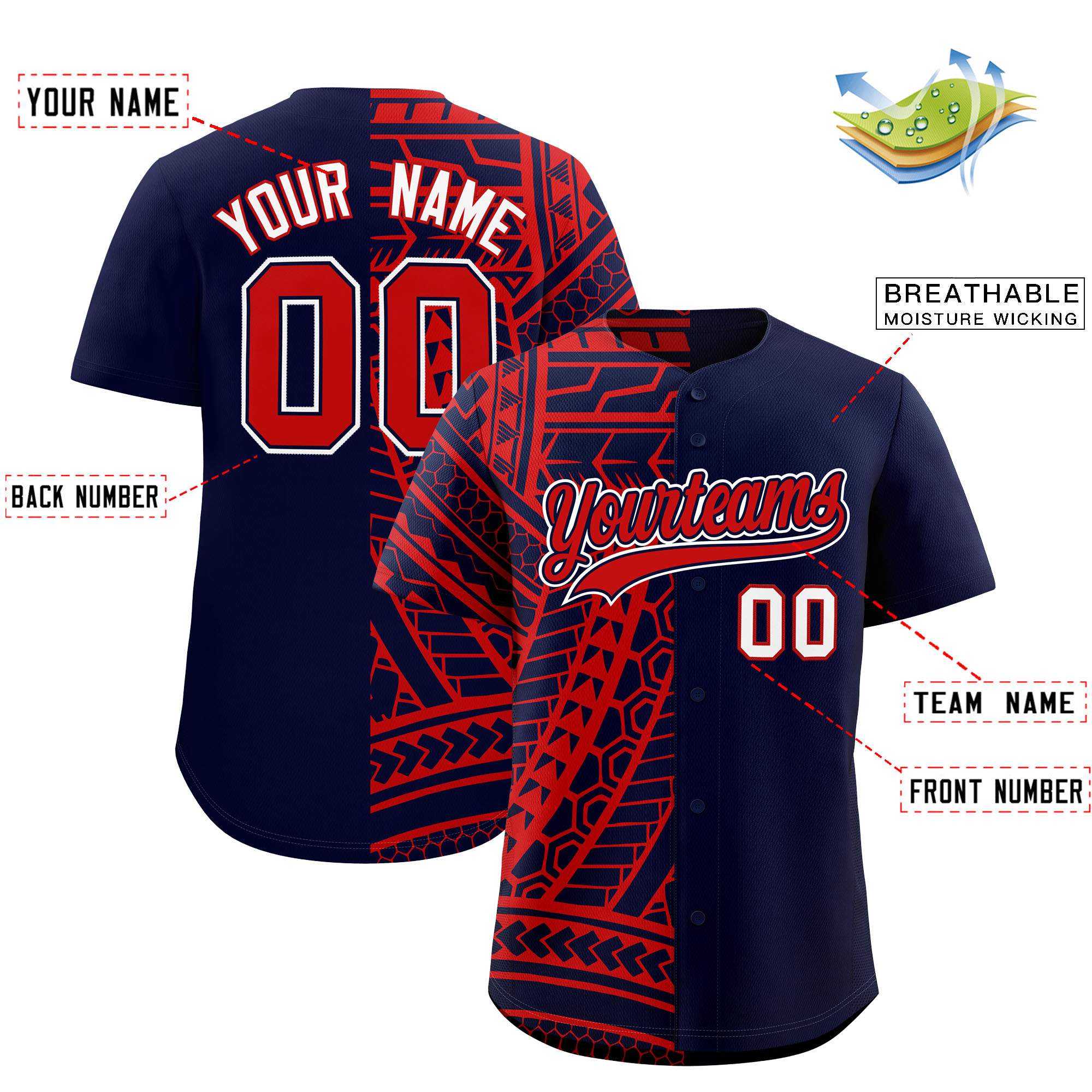 Custom Red Navy Split Fashion Tribal Pattern Authentic Baseball Jersey