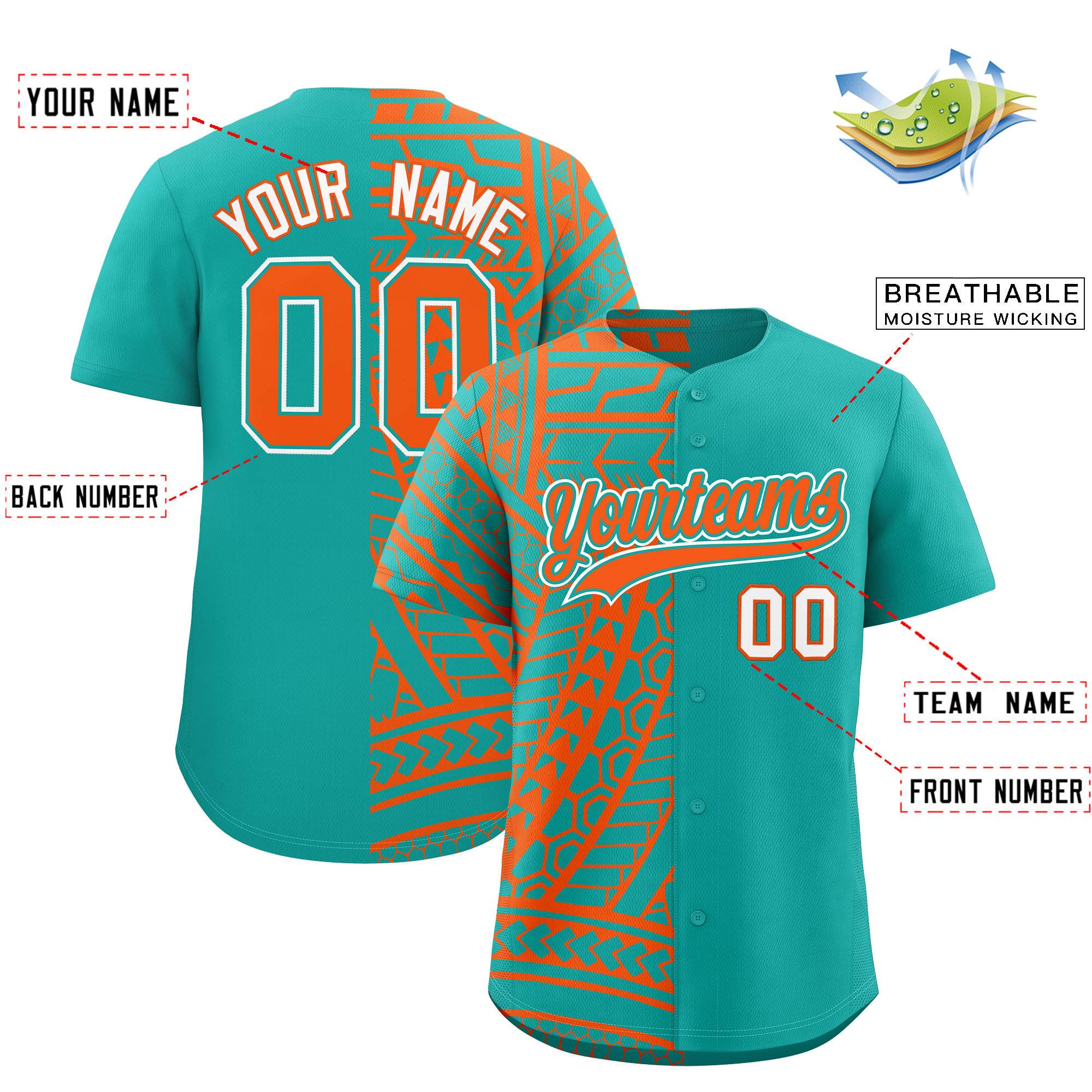 Custom Aqua Orange Split Fashion Tribal Pattern Authentic Baseball Jersey