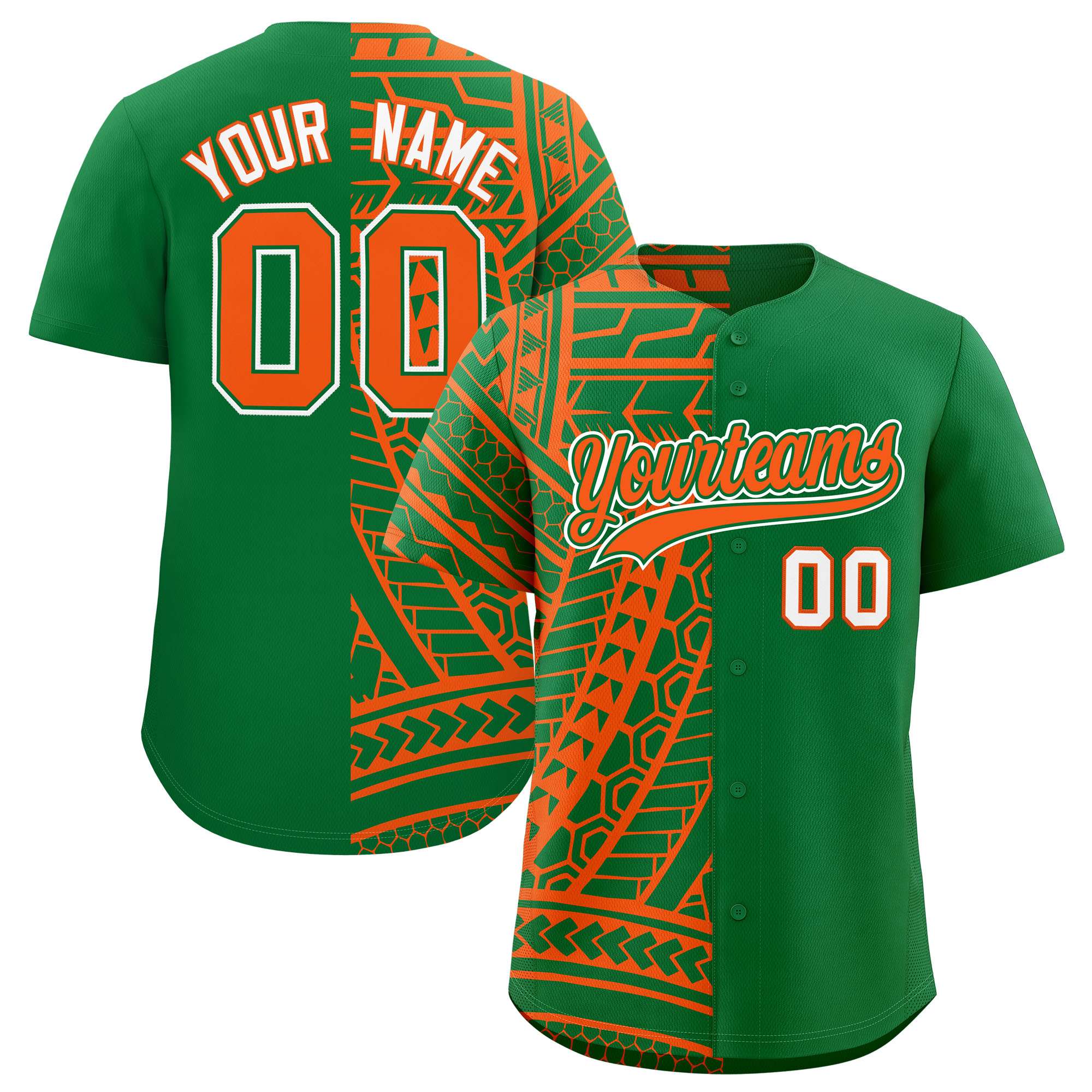 Custom Kelly Green Orange Split Fashion Tribal Pattern Authentic Baseball Jersey