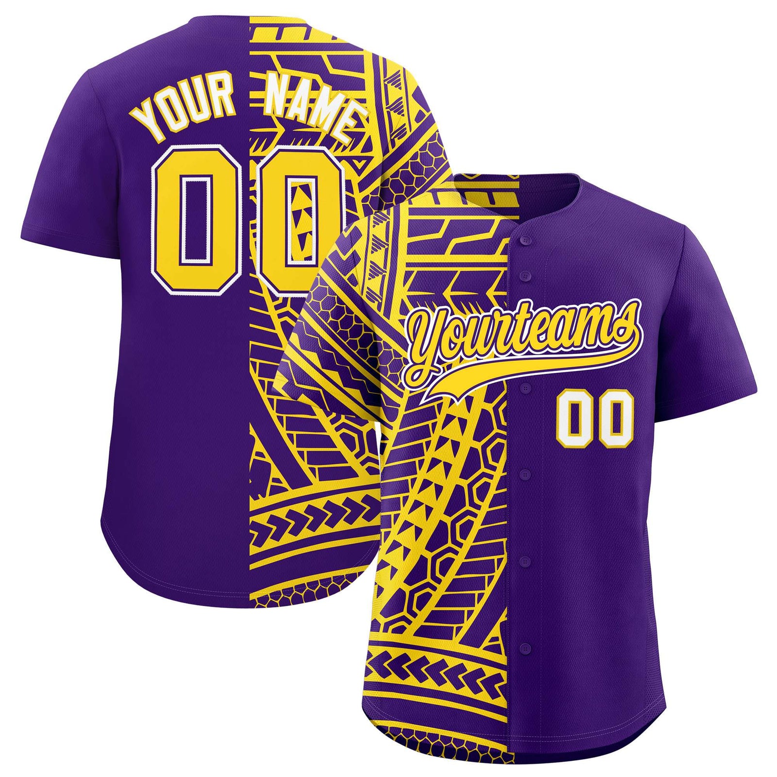 Custom Purple Gold Split Fashion Tribal Pattern Authentic Baseball Jersey