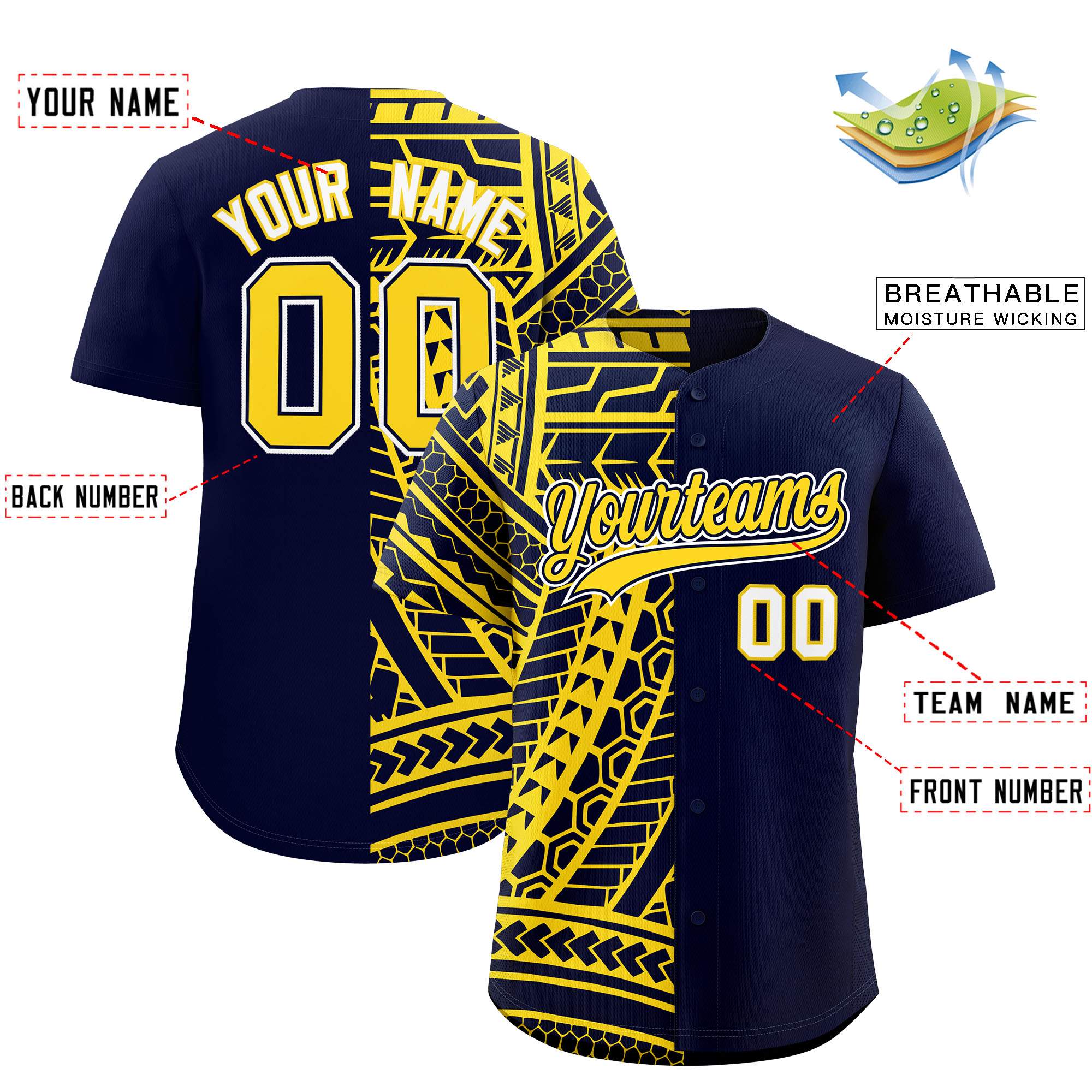 Custom Navy Gold Split Fashion Tribal Pattern Authentic Baseball Jersey