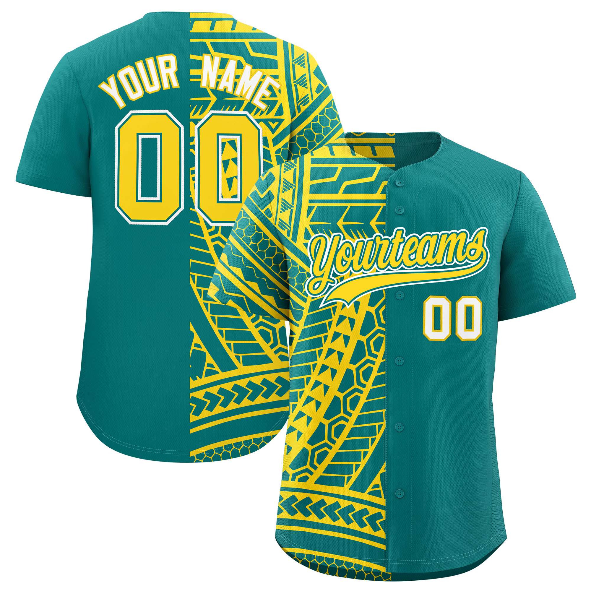Custom Aqua Gold Split Fashion Tribal Pattern Authentic Baseball Jersey