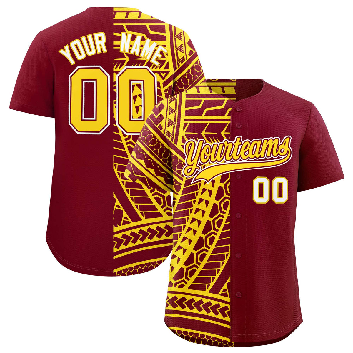 Custom Crimson Gold Split Fashion Tribal Pattern Authentic Baseball Jersey