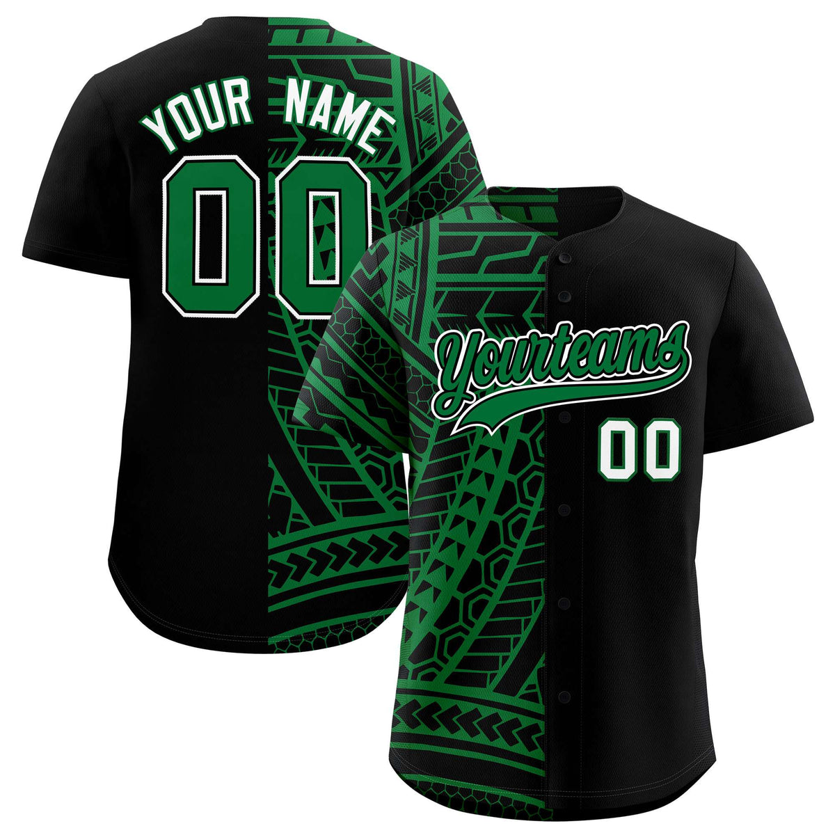 Custom Black Kelly Green Split Fashion Tribal Pattern Authentic Baseball Jersey