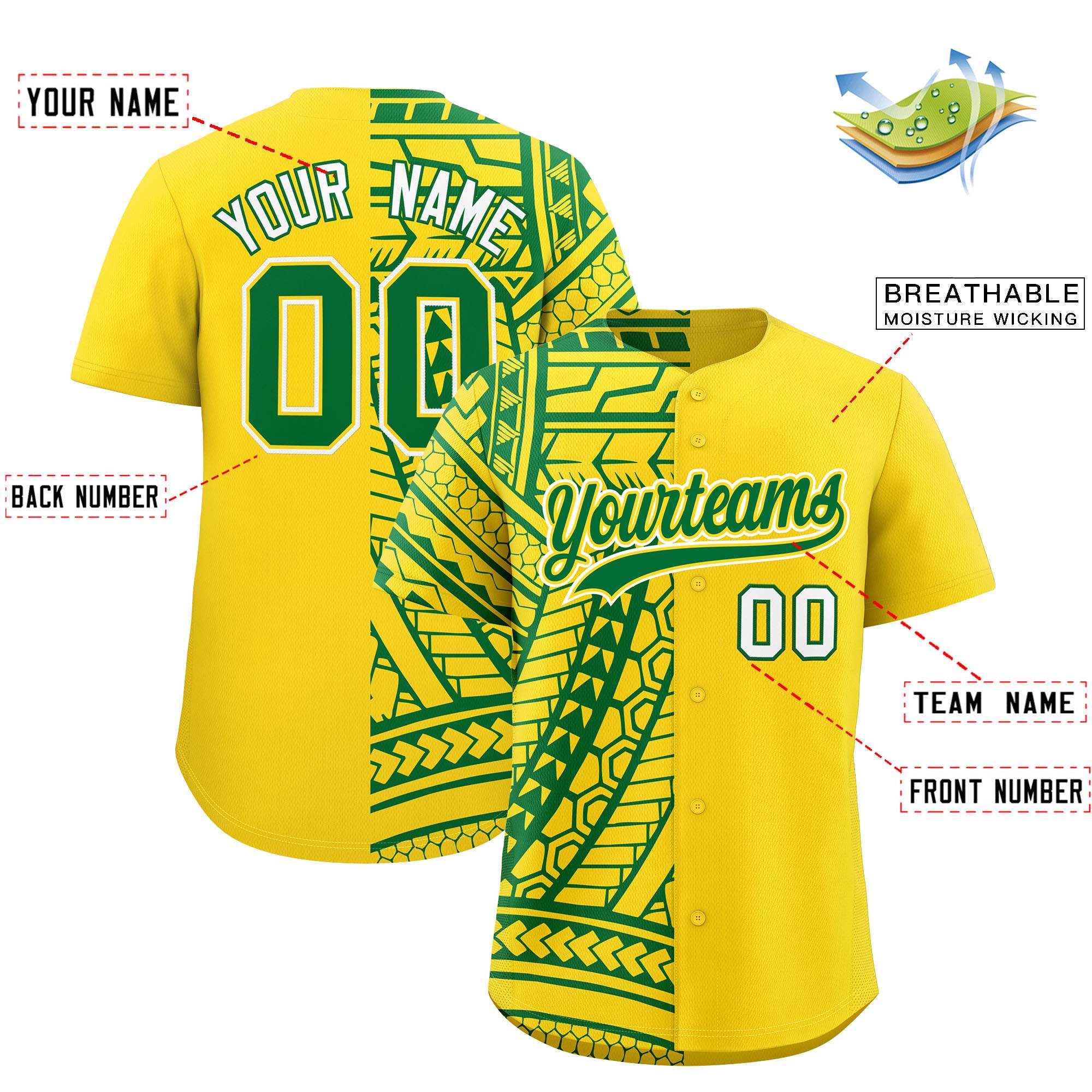 Custom Gold Kelly Green Split Fashion Tribal Pattern Authentic Baseball Jersey