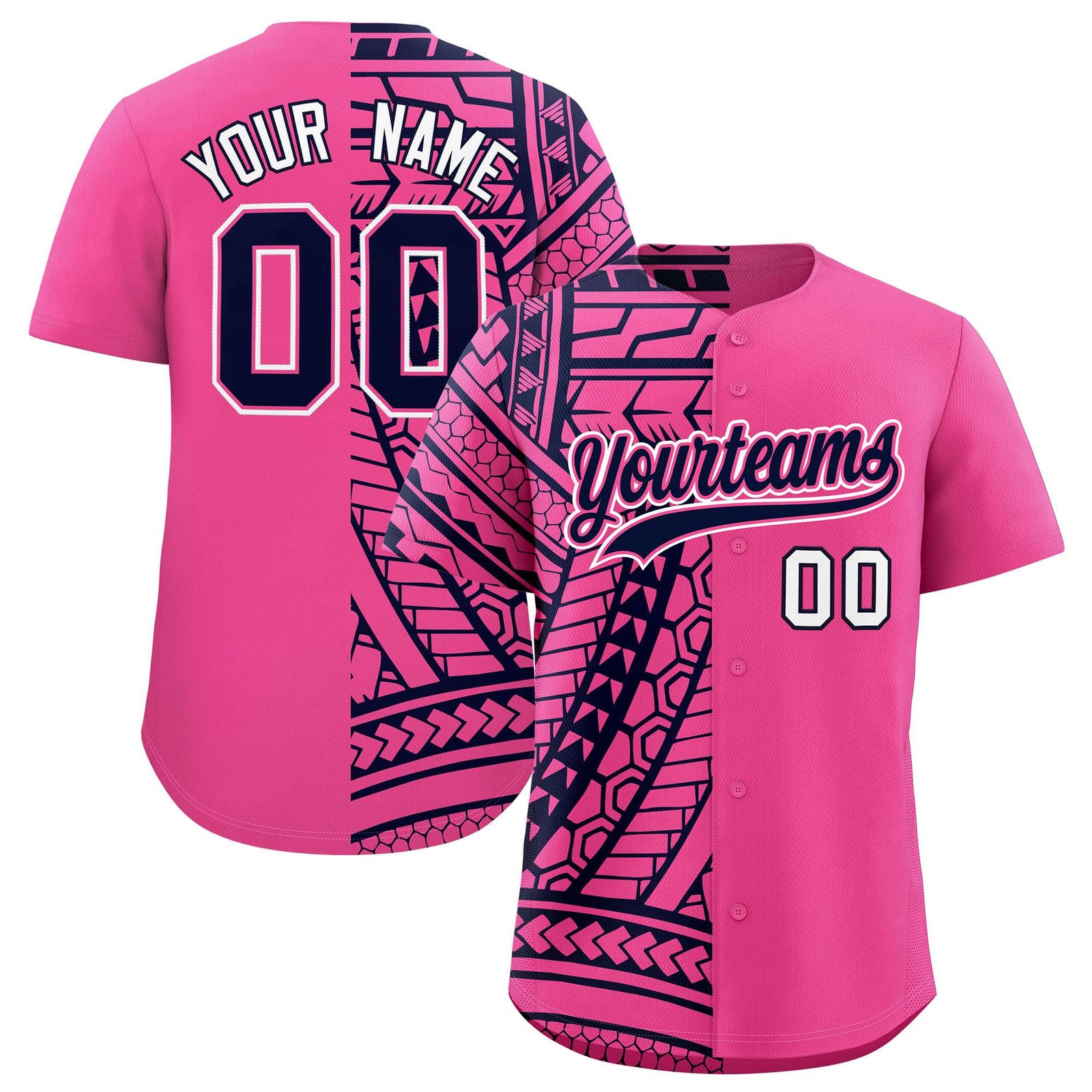 Custom Pink Navy Split Fashion Tribal Pattern Authentic Baseball Jersey