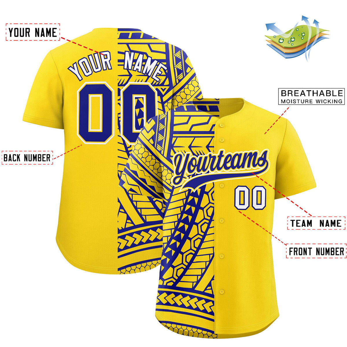 Custom Gold Royal Split Fashion Tribal Pattern Authentic Baseball Jersey