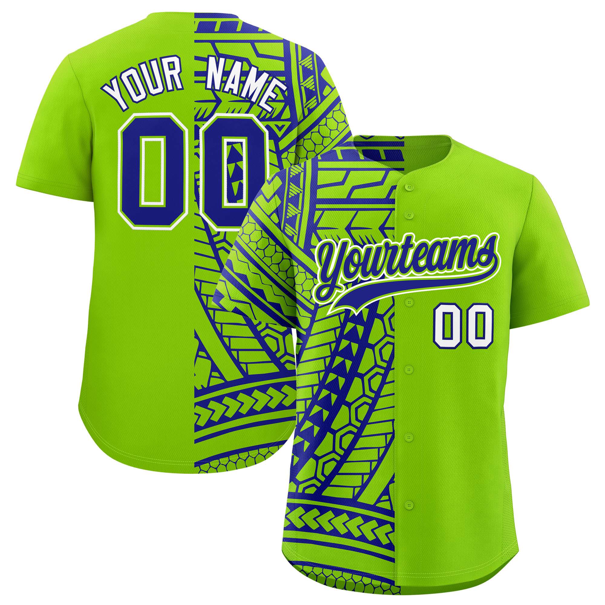 Custom Neon Green Royal Split Fashion Tribal Pattern Authentic Baseball Jersey
