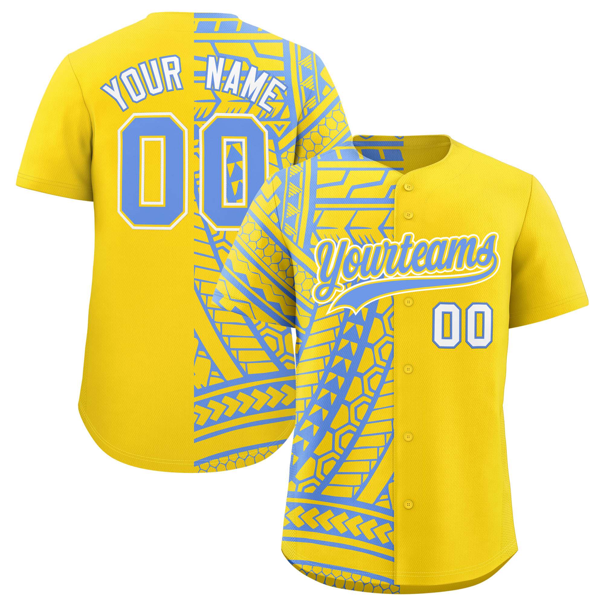 Custom Light Blue Gold Split Fashion Tribal Pattern Authentic Baseball Jersey