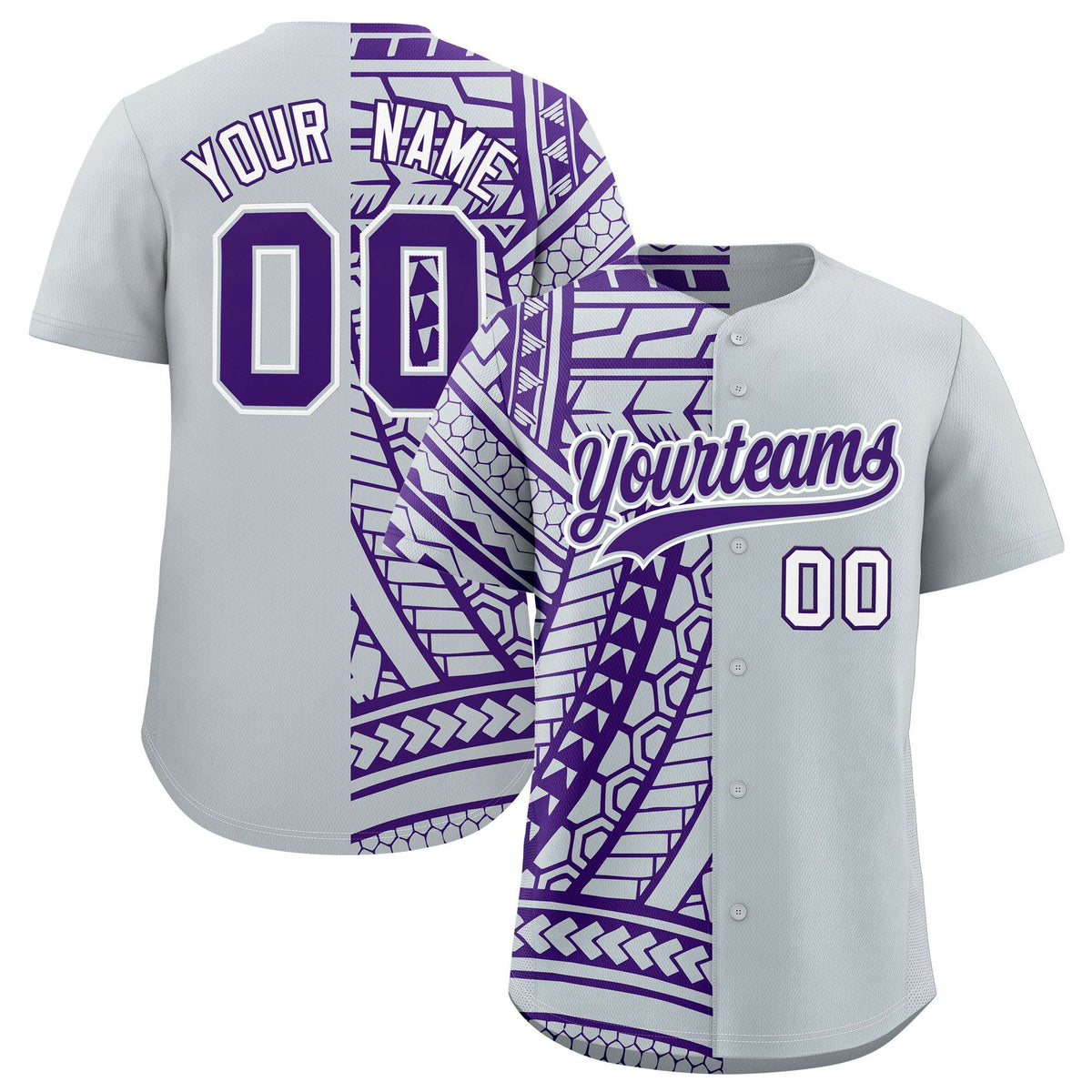 Custom Silver Purple Split Fashion Tribal Pattern Authentic Baseball Jersey