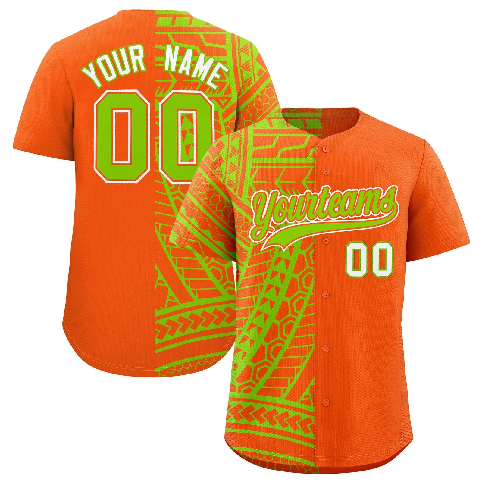 Custom Orange Neon Green Split Fashion Tribal Pattern Authentic Baseball Jersey