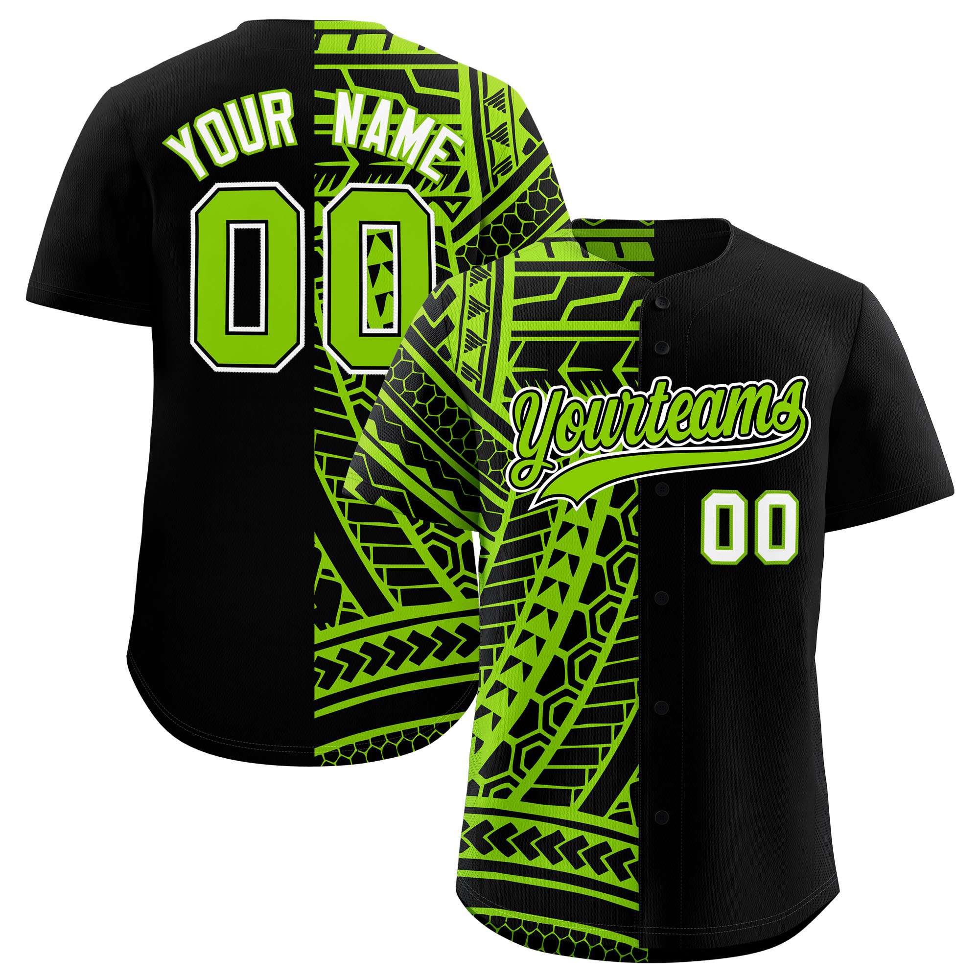 Custom Black Neon Green Split Fashion Tribal Pattern Authentic Baseball Jersey