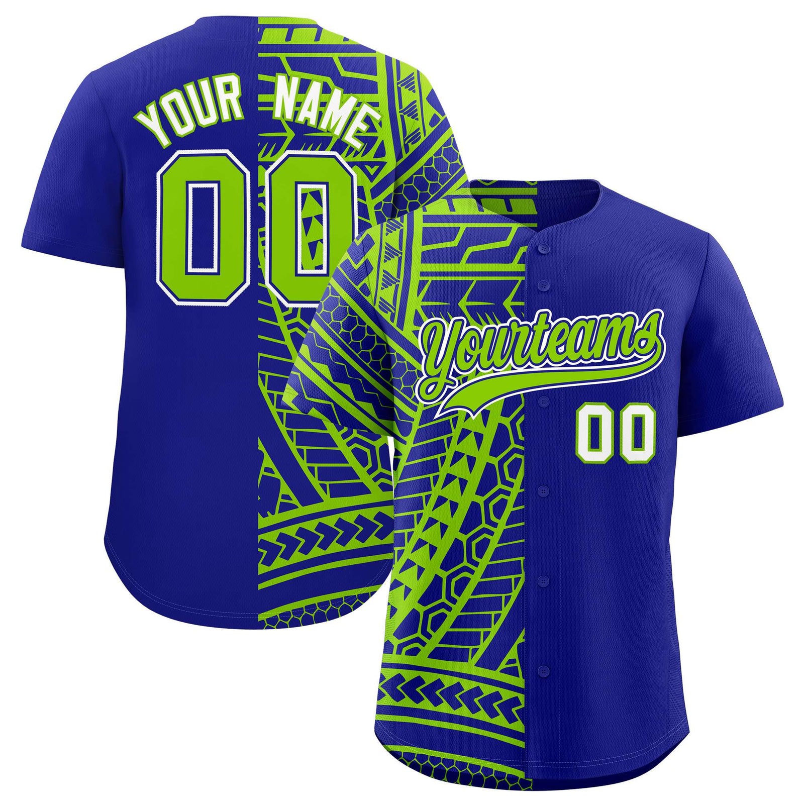 Custom Royal Neon Green Split Fashion Tribal Pattern Authentic Baseball Jersey
