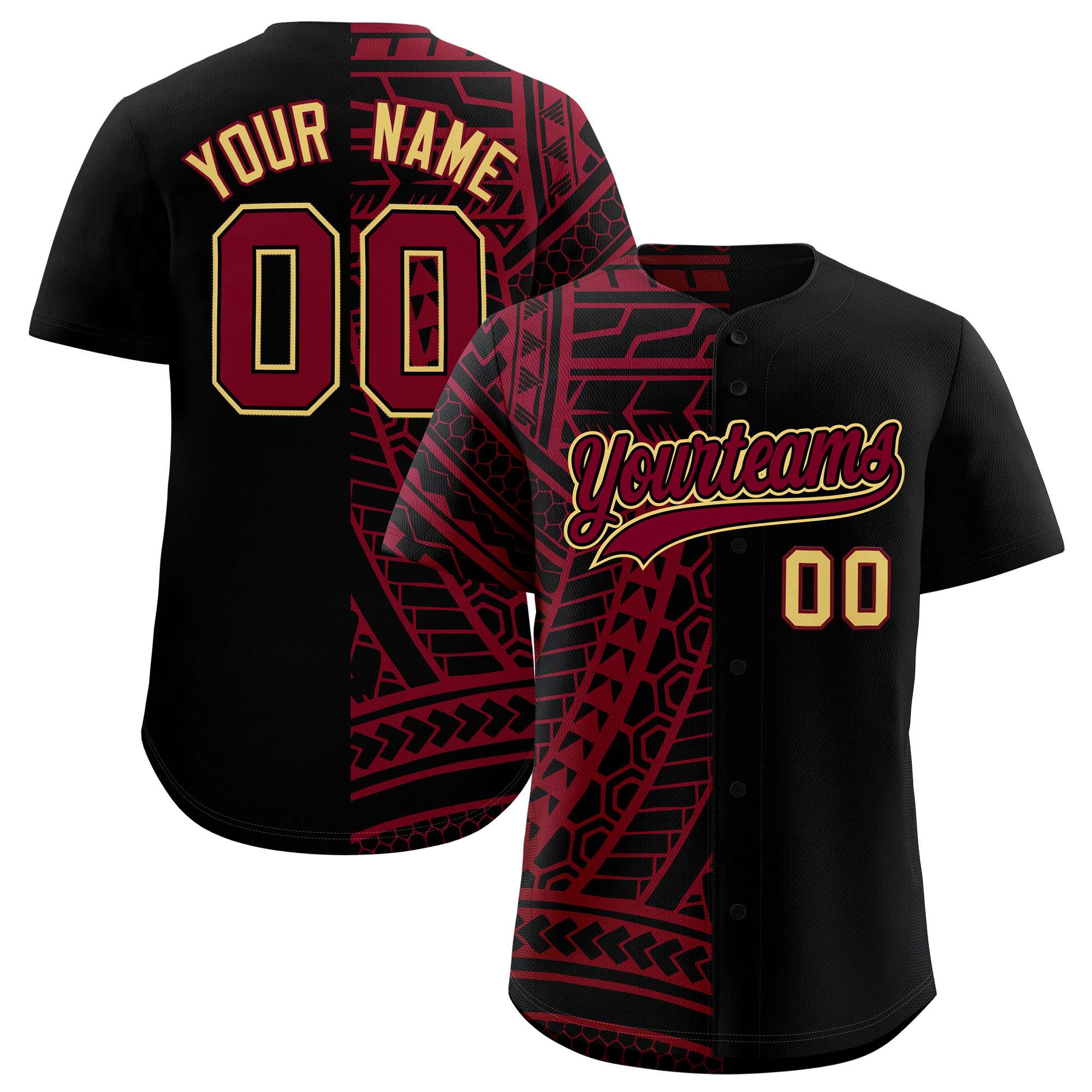 Custom Black Crimson Split Fashion Tribal Pattern Authentic Baseball Jersey
