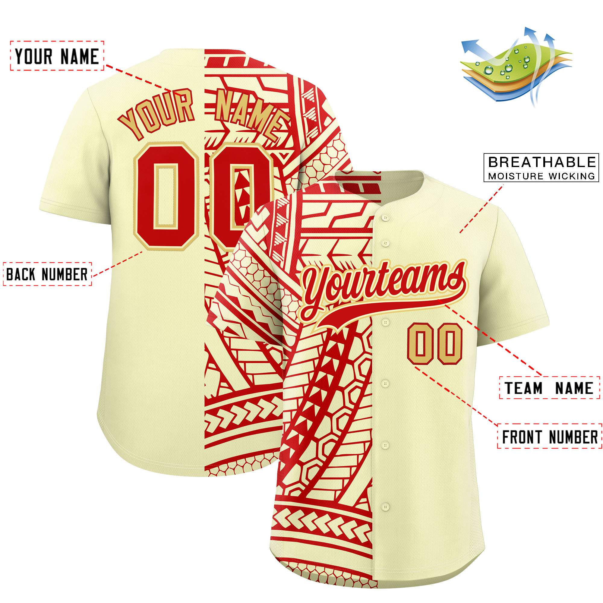 Custom Cream Red Split Fashion Tribal Pattern Authentic Baseball Jersey