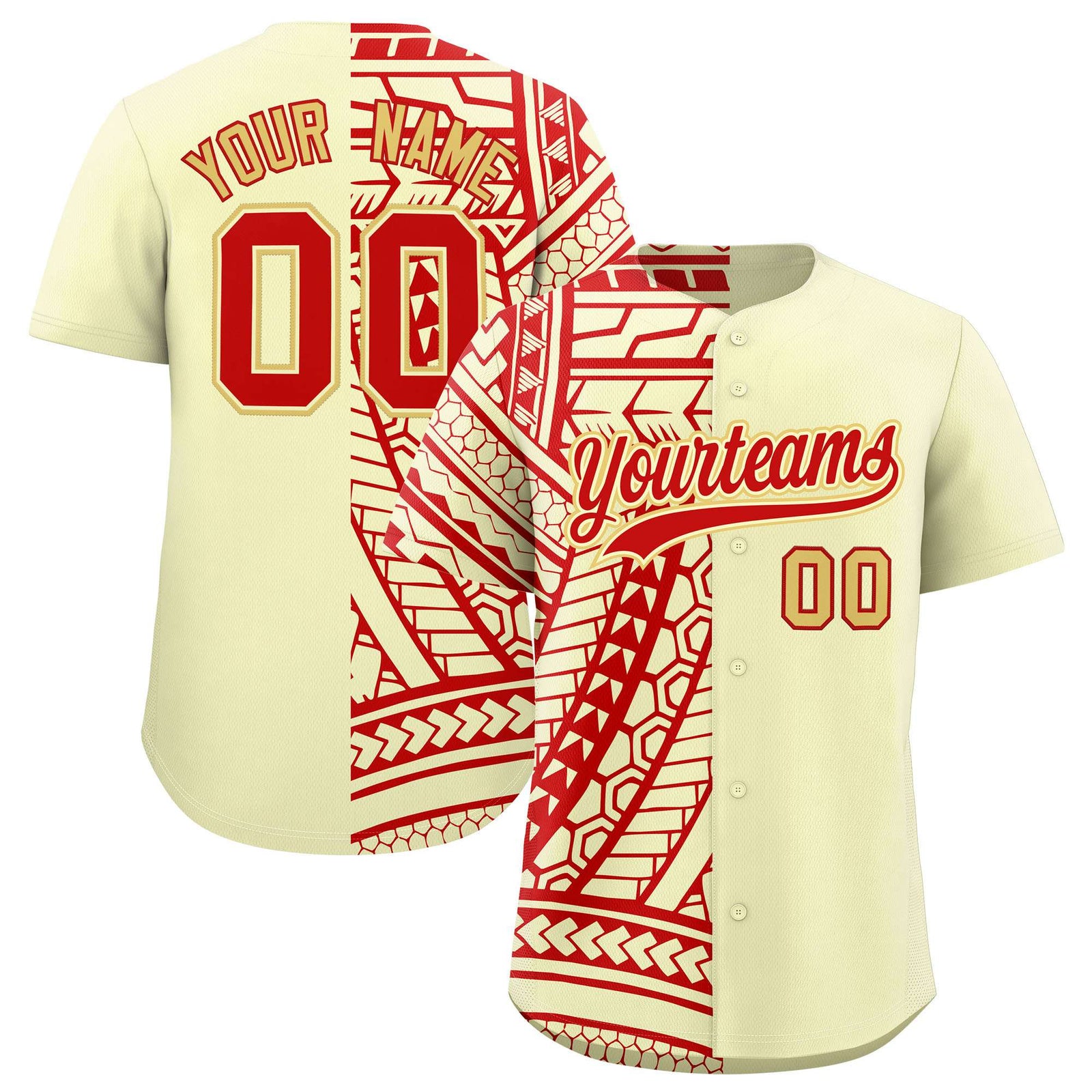 Custom Cream Red Split Fashion Tribal Pattern Authentic Baseball Jersey