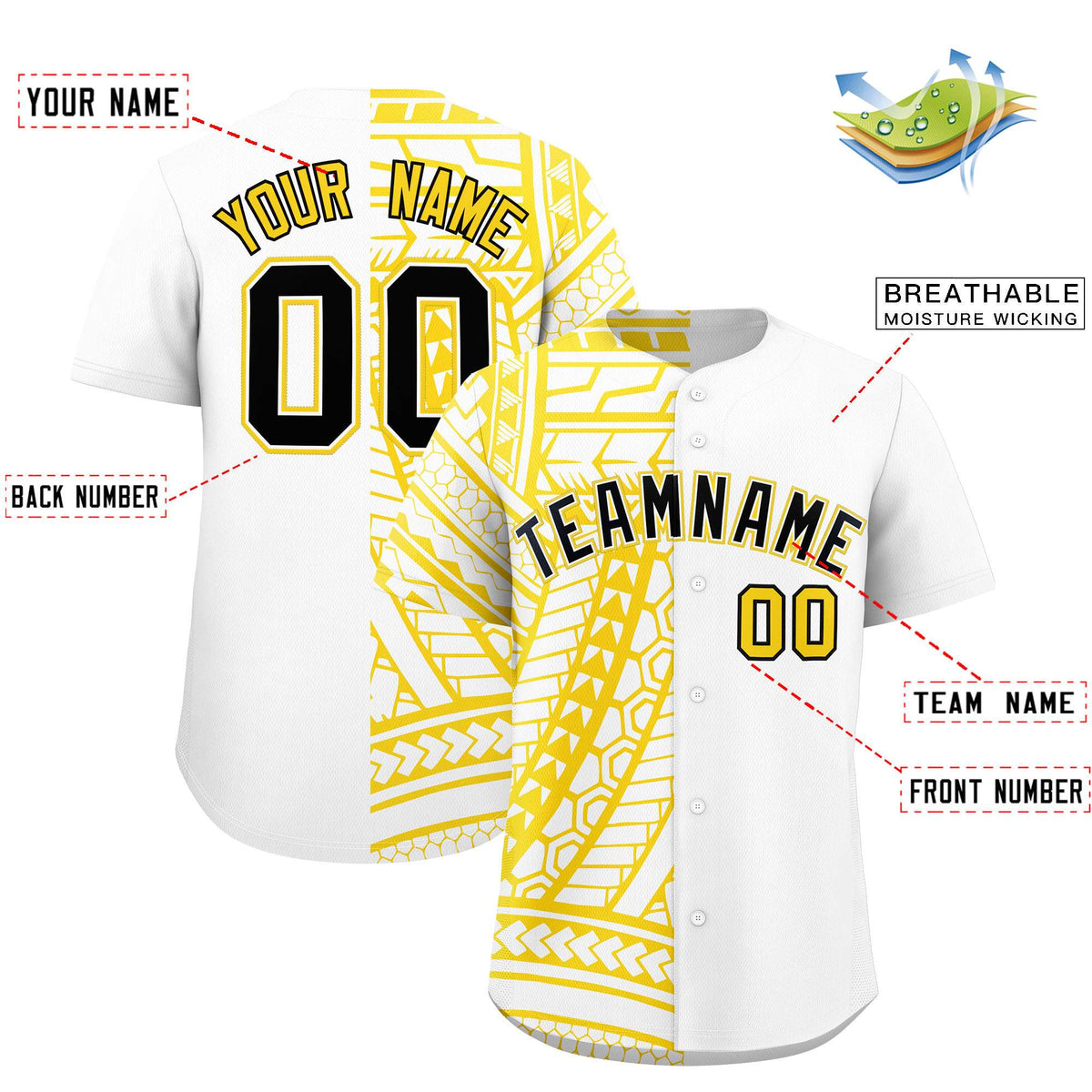 Custom White Gold Split Fashion Tribal Pattern Authentic Baseball Jersey