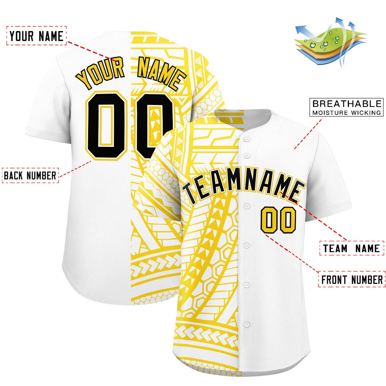 Custom White Gold Split Fashion Tribal Pattern Authentic Baseball Jersey