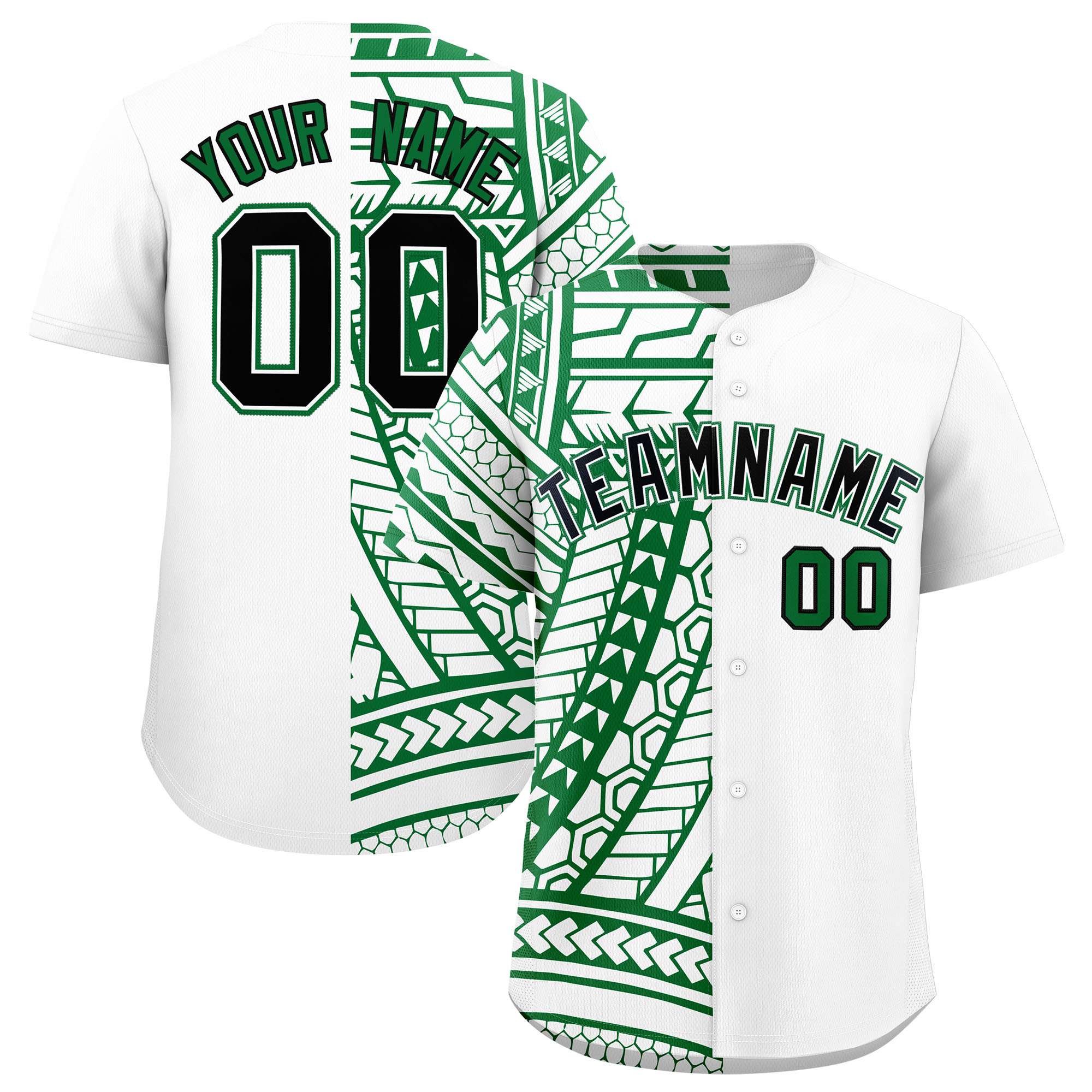 Custom White Kelly Green Split Fashion Tribal Pattern Authentic Baseball Jersey