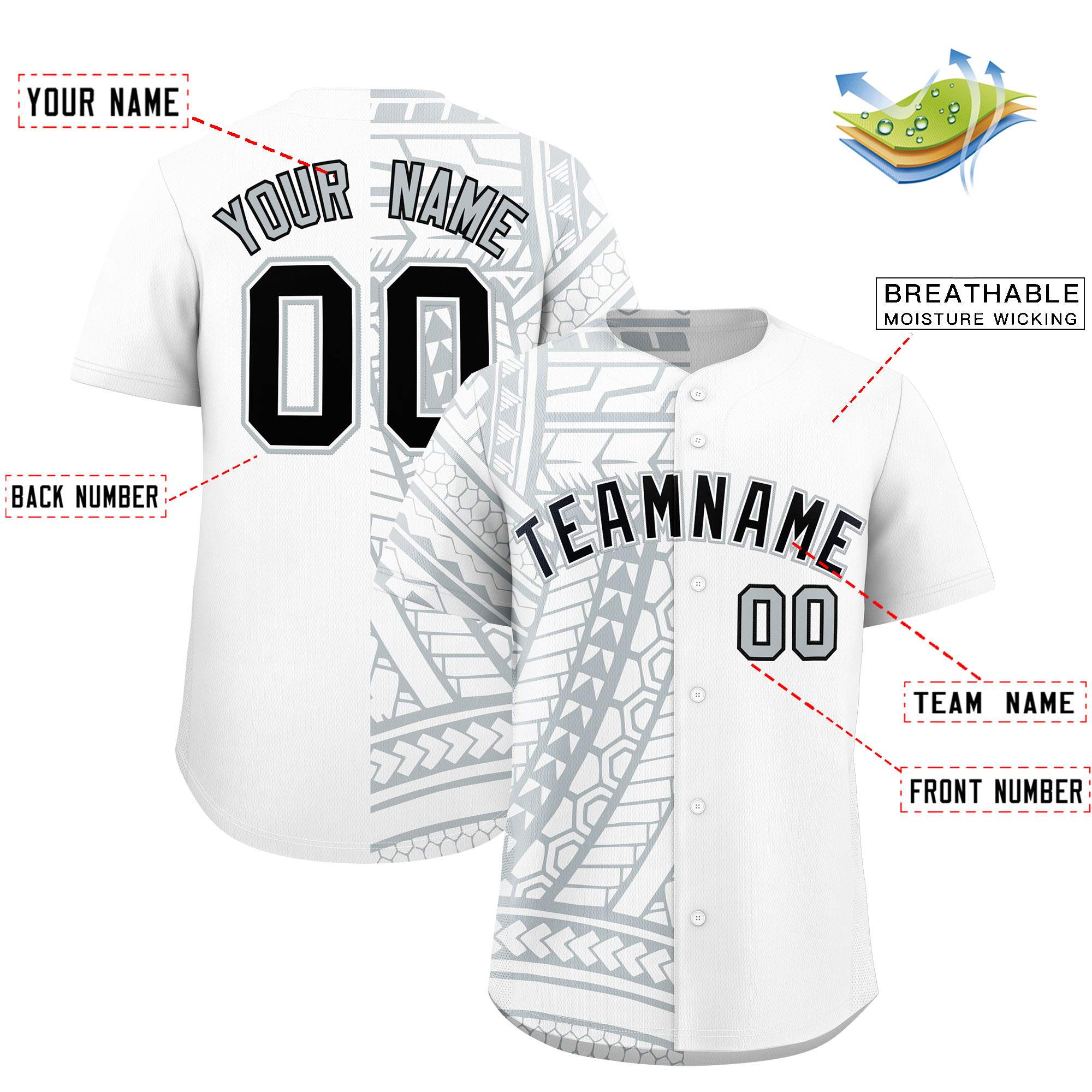 Custom White Silver Split Fashion Tribal Pattern Authentic Baseball Jersey