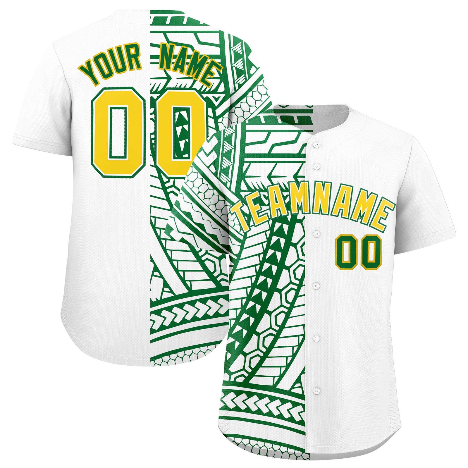 Custom White Kelly Green Split Fashion Tribal Pattern Authentic Baseball Jersey