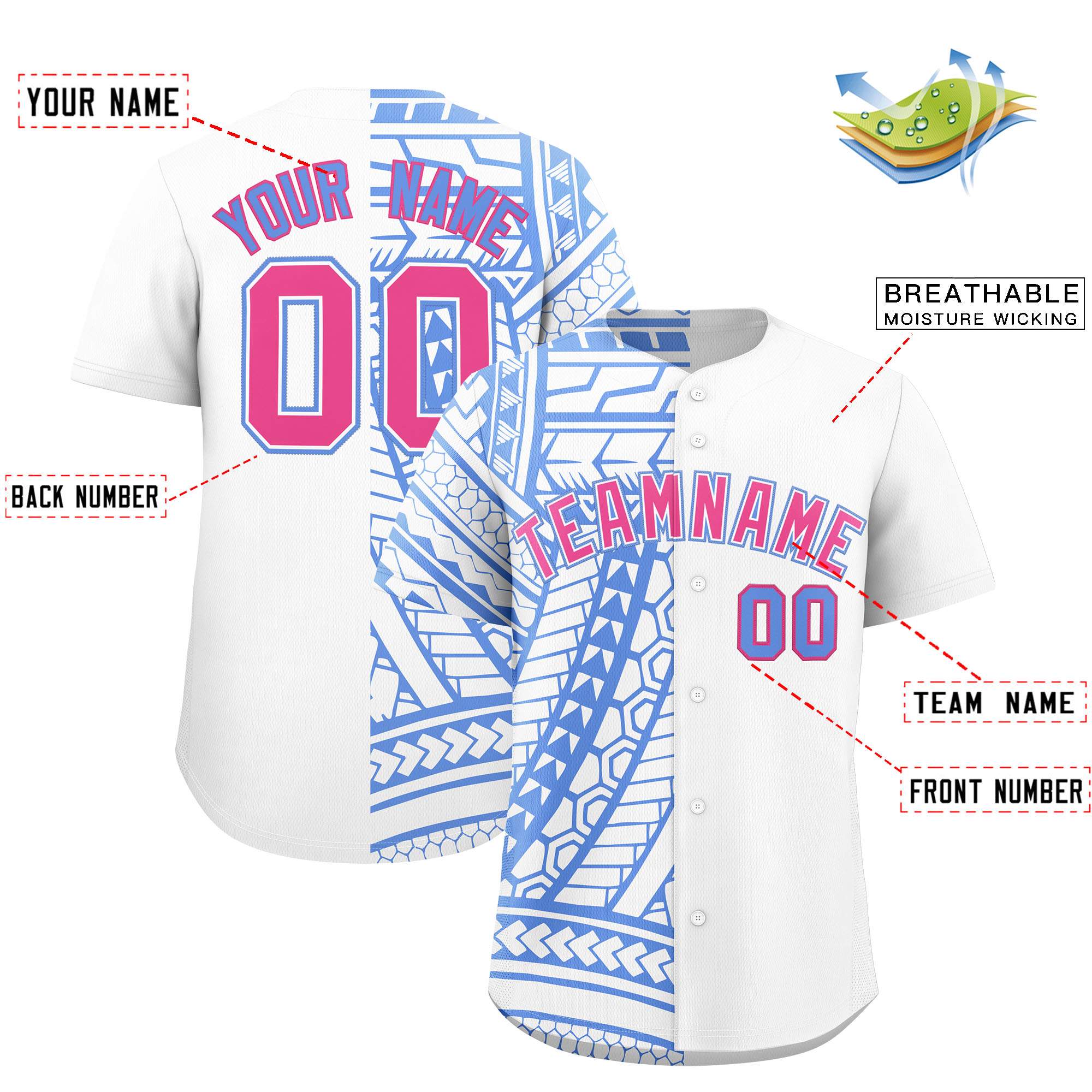 Custom White Light Blue Split Fashion Tribal Pattern Authentic Baseball Jersey