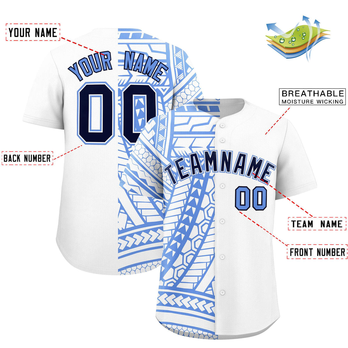 Custom Light Blue Navy Split Fashion Tribal Pattern Authentic Baseball Jersey