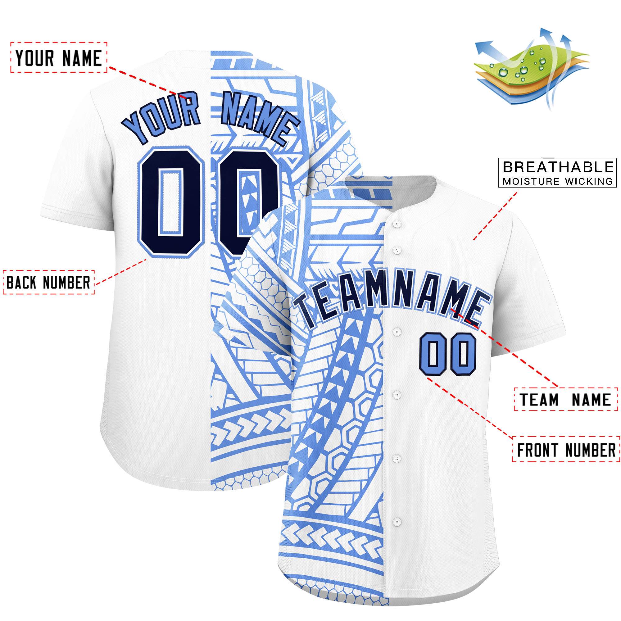 Custom Light Blue Navy Split Fashion Tribal Pattern Authentic Baseball Jersey