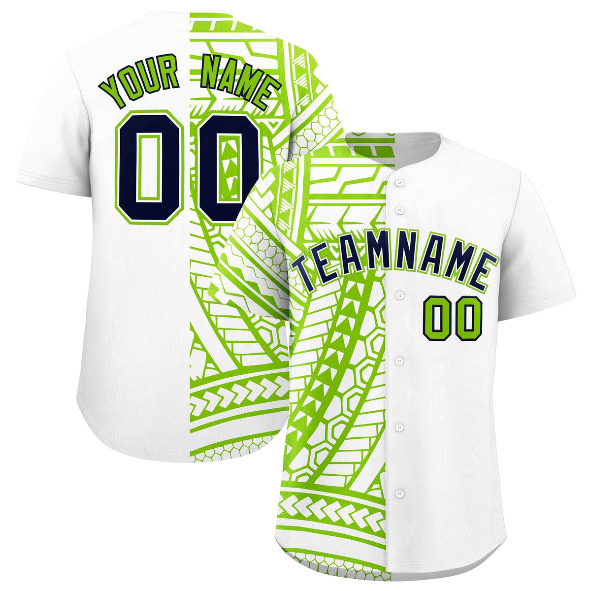 Custom White Neon Green Split Fashion Tribal Pattern Authentic Baseball Jersey
