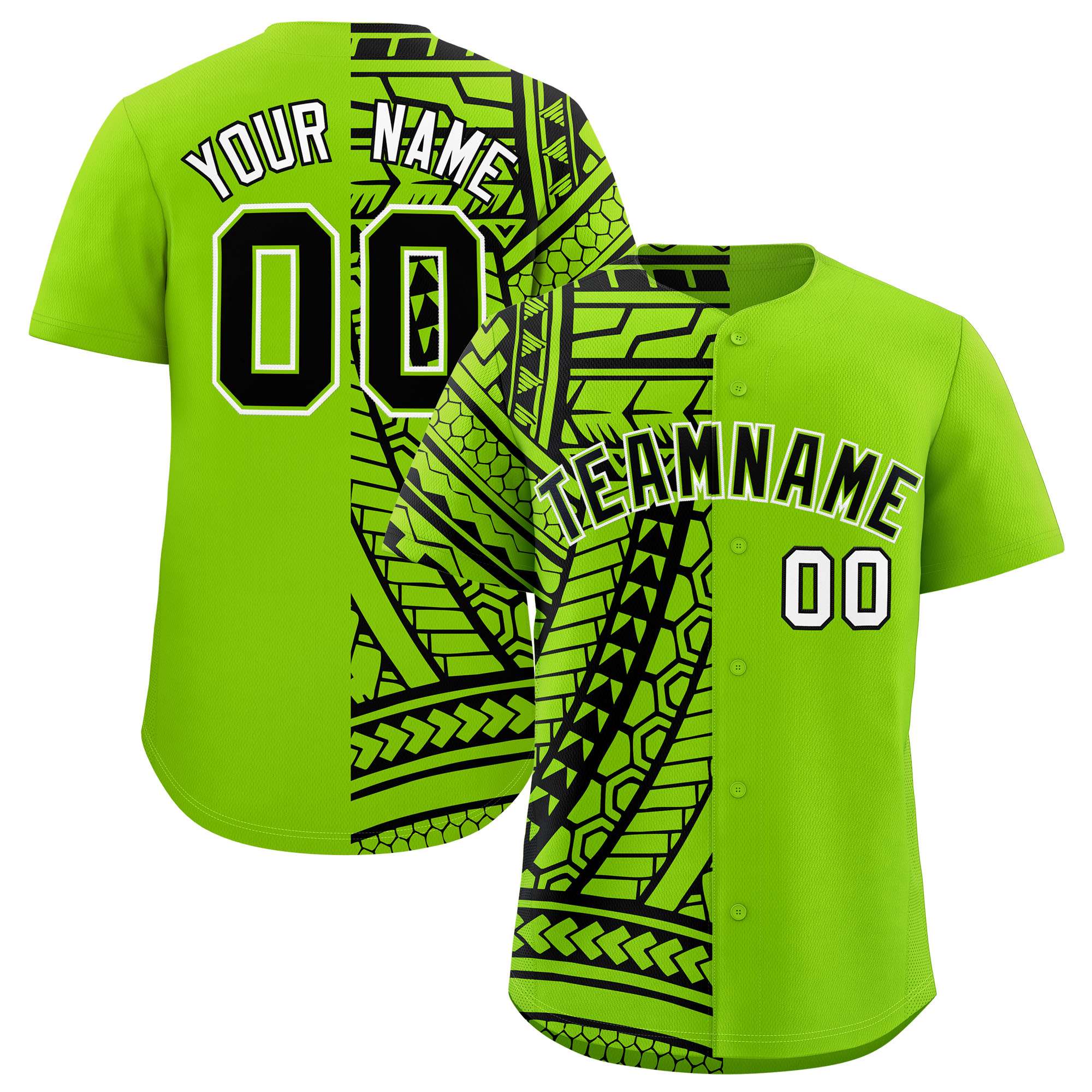 Custom Black Neon Green Split Fashion Tribal Pattern Authentic Baseball Jersey