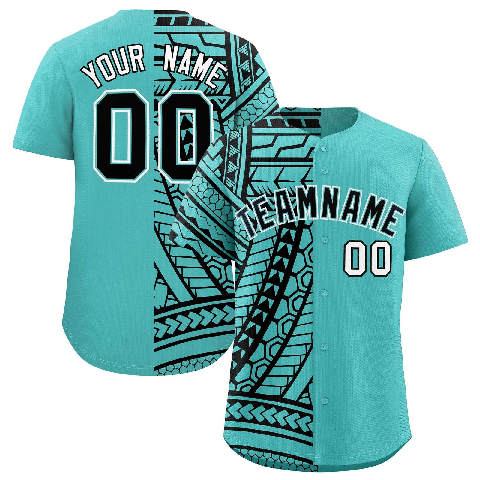 Custom Aqua Black Split Fashion Tribal Pattern Authentic Baseball Jersey
