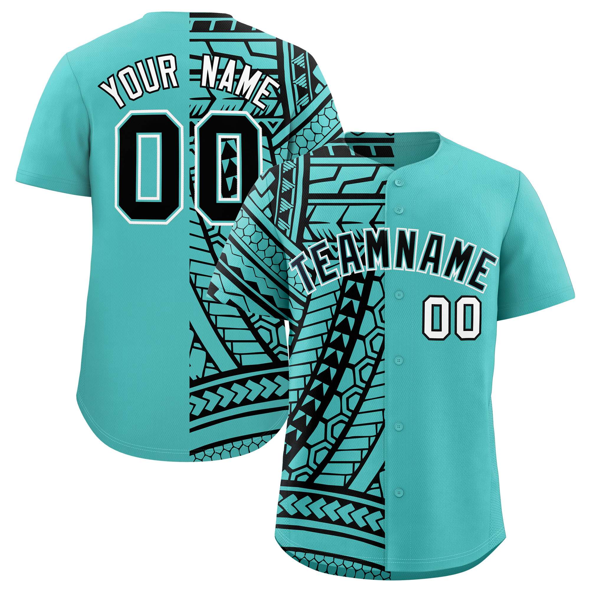 Custom Aqua Black Split Fashion Tribal Pattern Authentic Baseball Jersey
