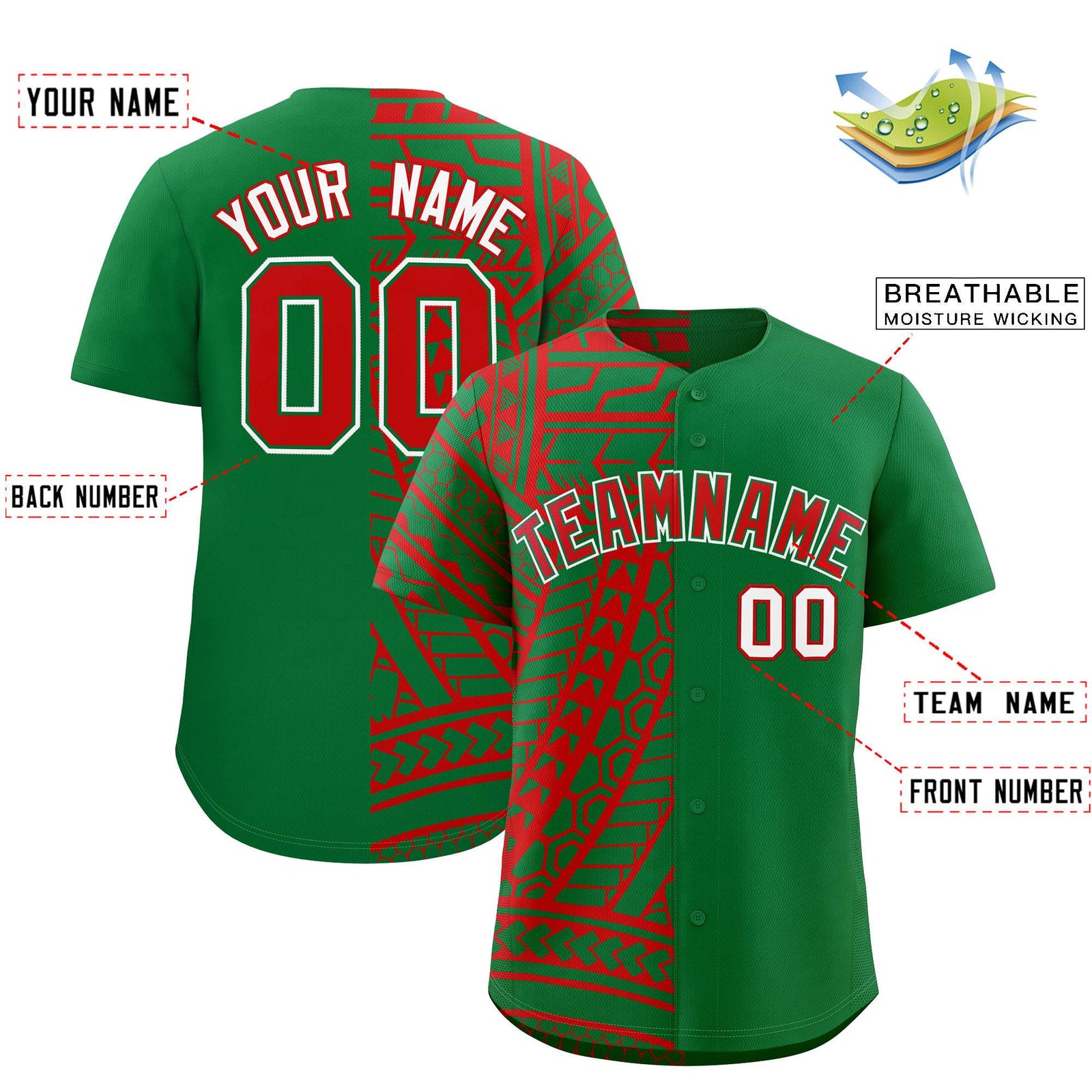 Custom Red Kelly Green Split Fashion Tribal Pattern Authentic Baseball Jersey
