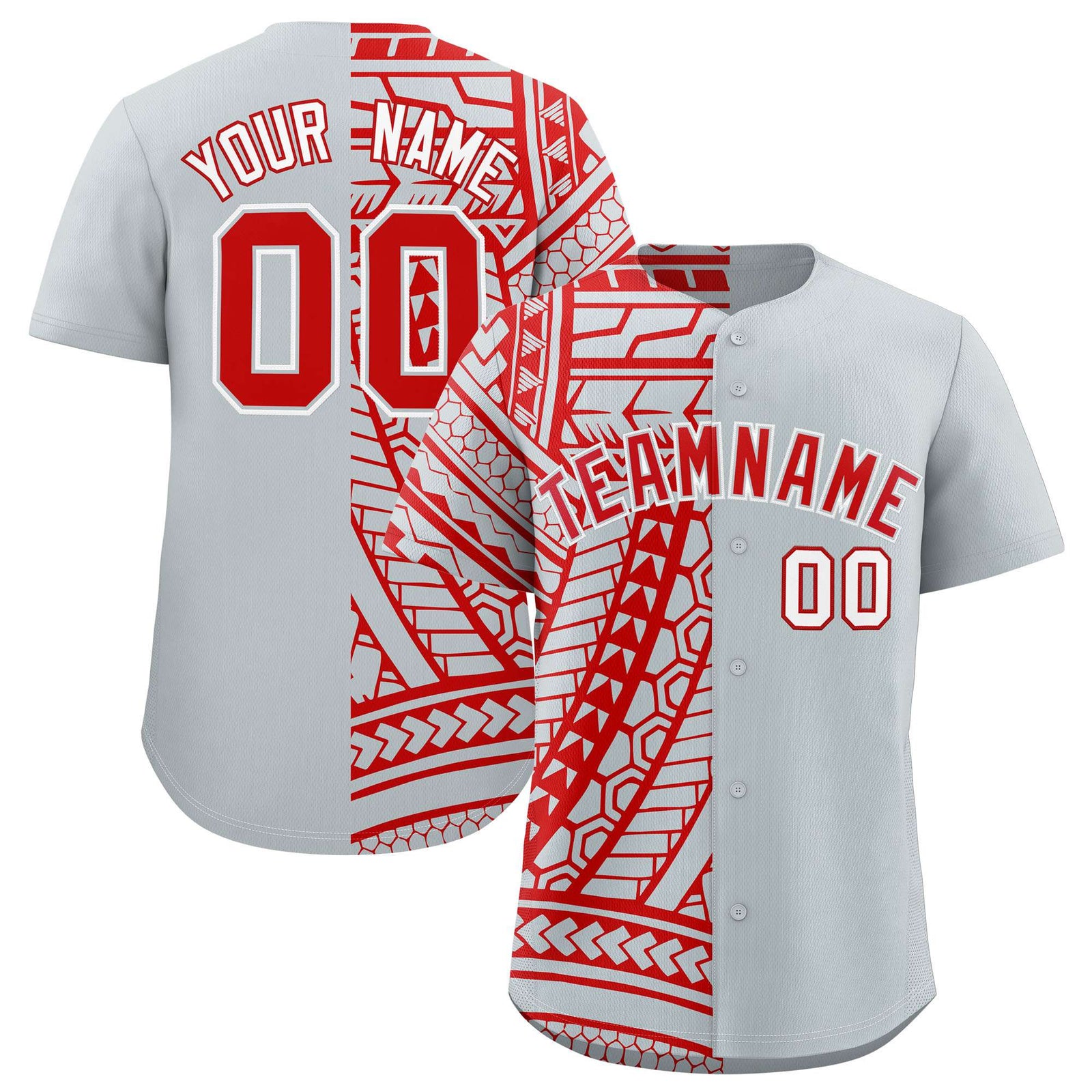 Custom Red Silver Split Fashion Tribal Pattern Authentic Baseball Jersey