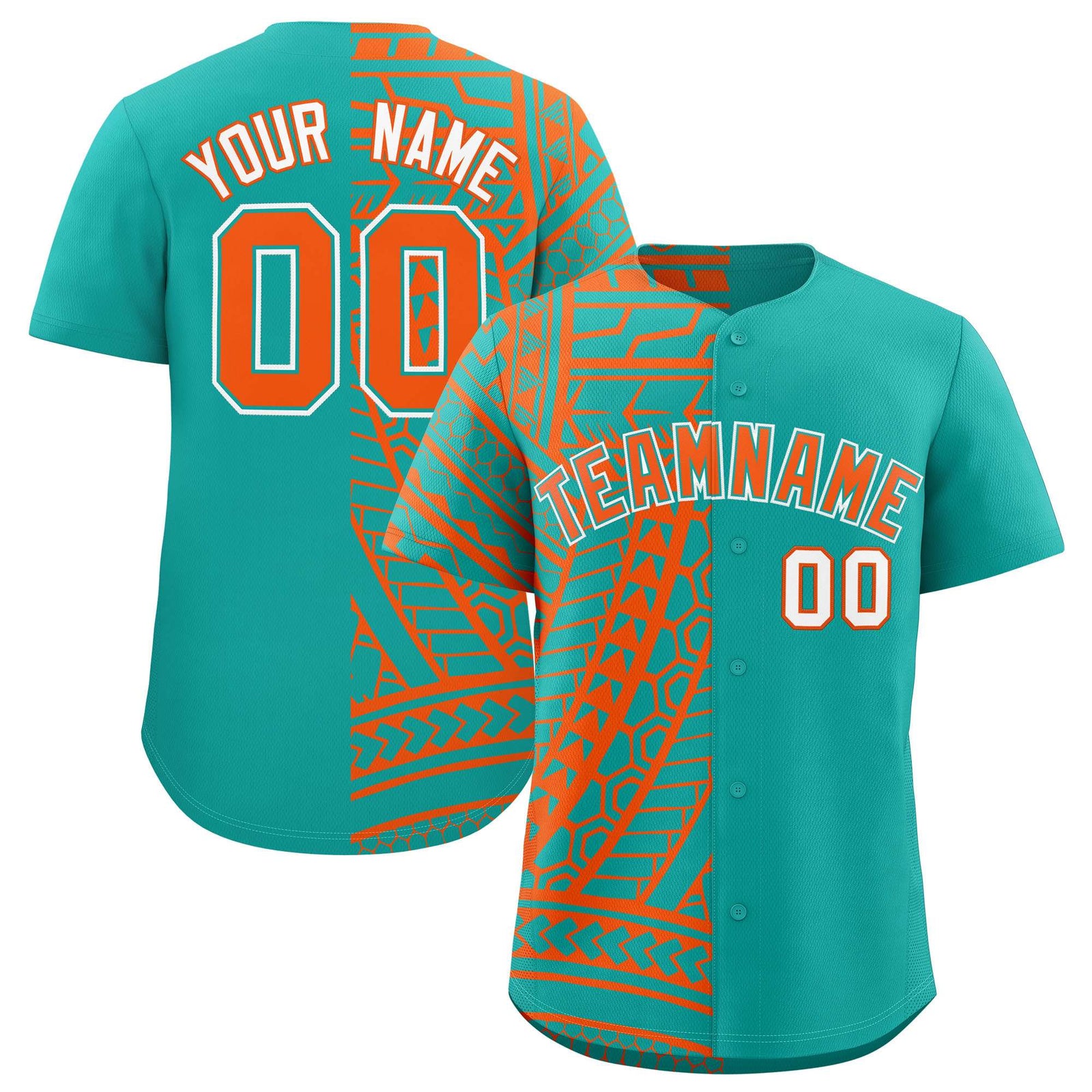 Custom Aqua Orange Split Fashion Tribal Pattern Authentic Baseball Jersey